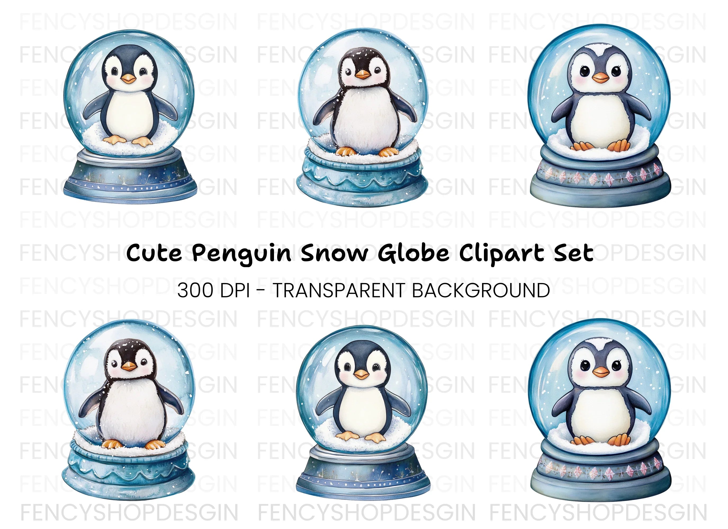 Cute Penguin Snow Globe Illustrations Clipart Bundle