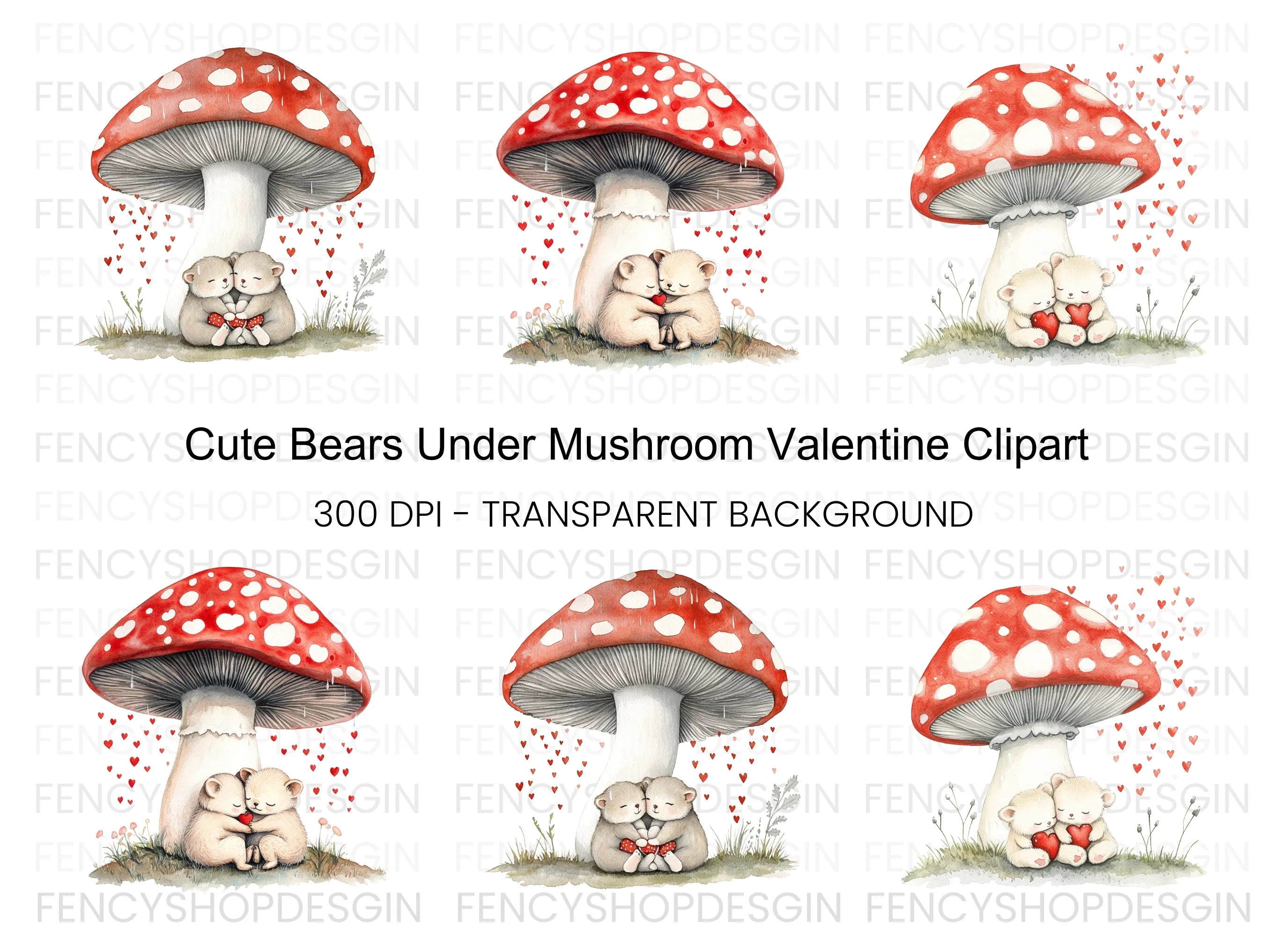 Teddy Bears Under Mushroom Valentine Clipart Bundle