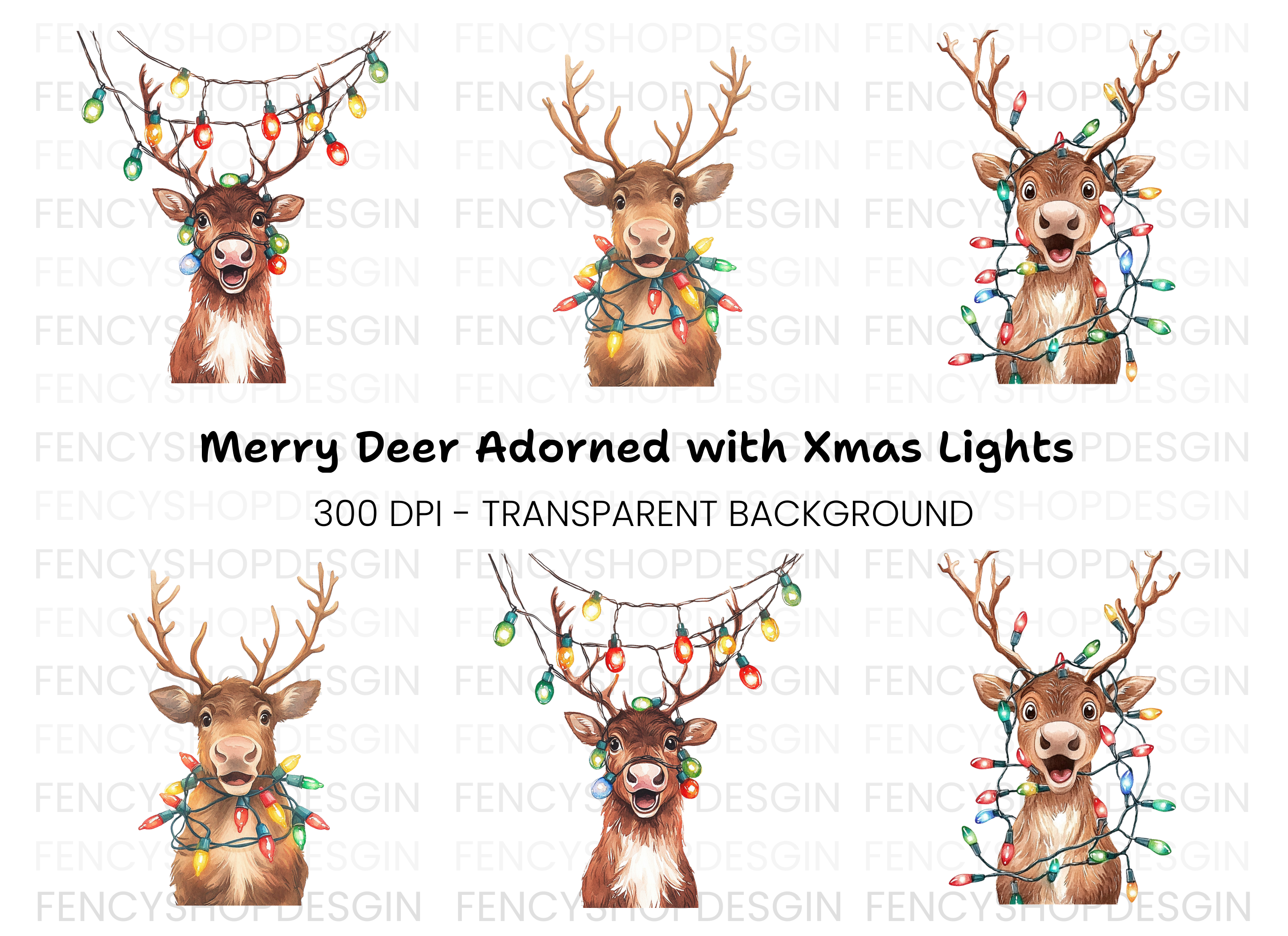 Festive Reindeer with Christmas Lights Clipart Bundle
