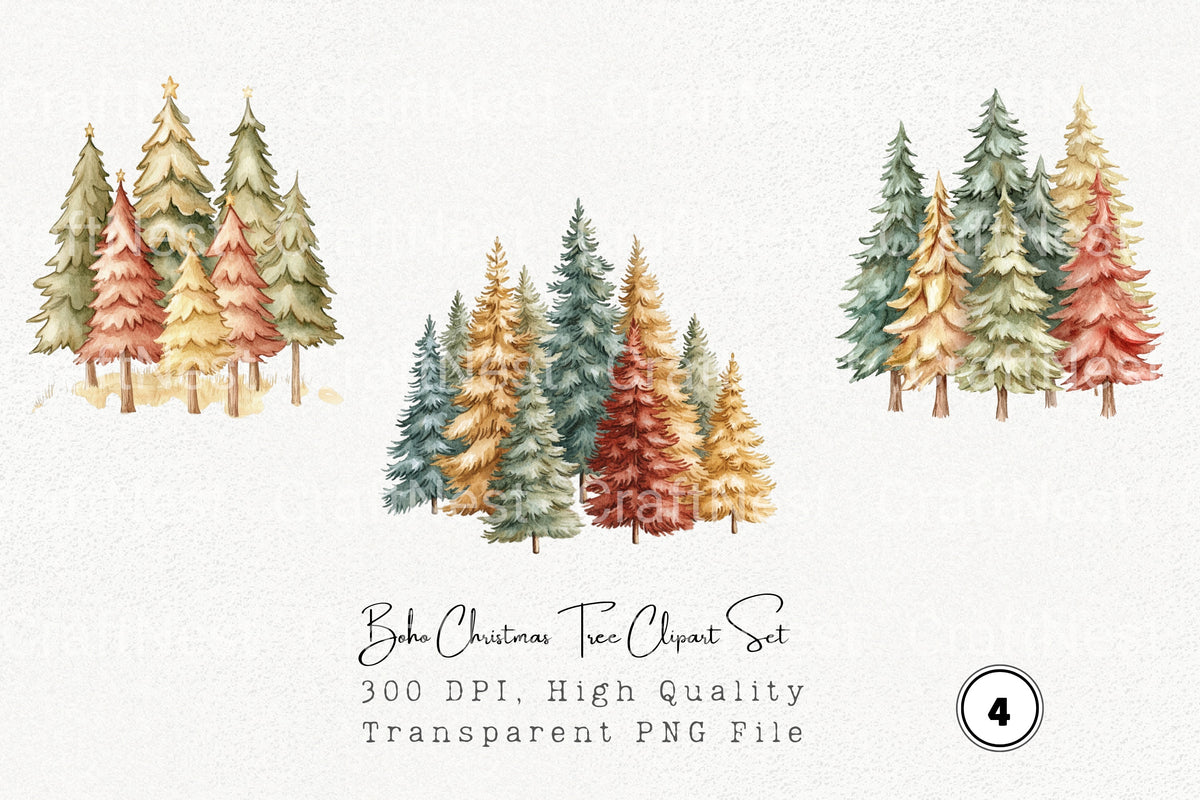 Boho Christmas Tree Clipart Bundle