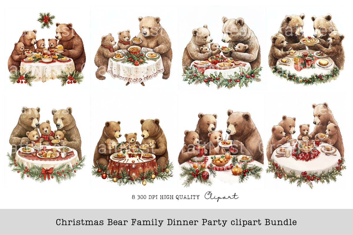 Christmas Bear Family Dinner Party Clipart Bundle