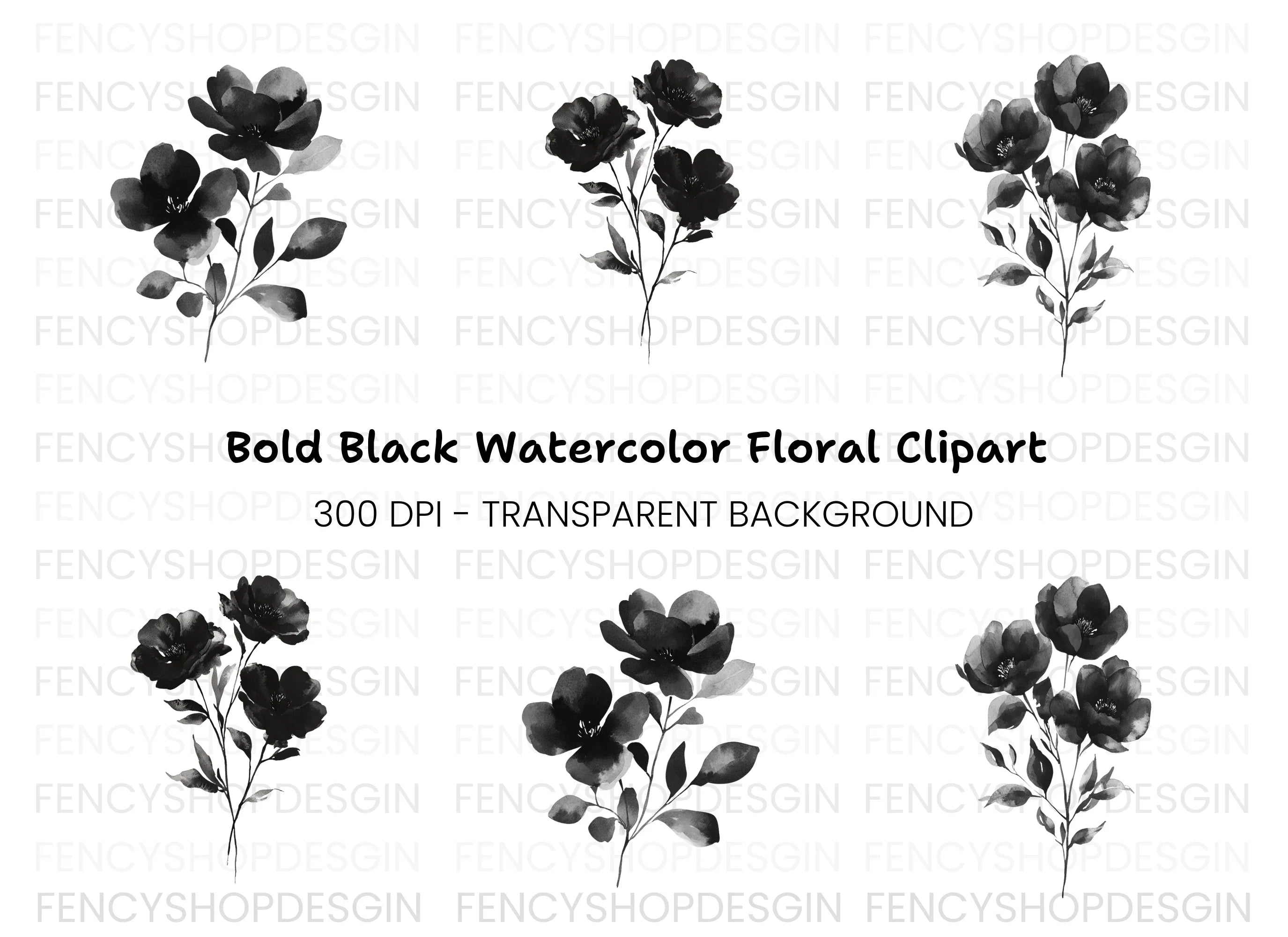 Black Flowers Clipart Bundle