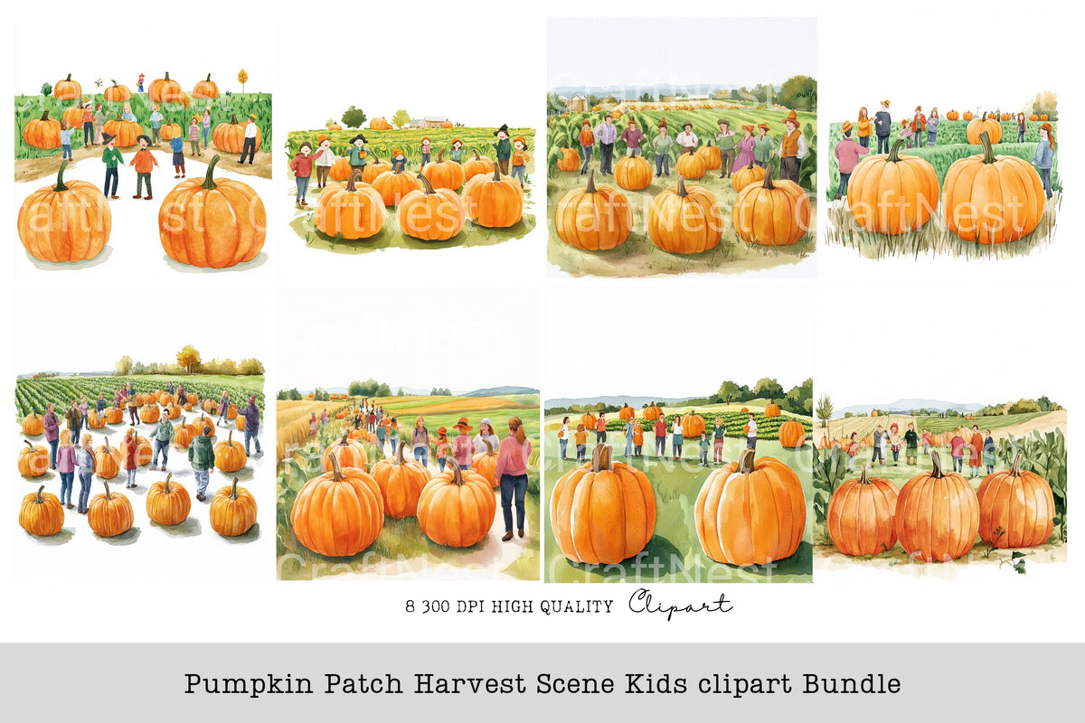 Pumpkin Patch Harvest Scene Kids Clipart Bundle