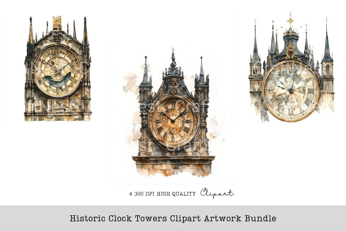 Historic Clock Towers Artwork Clipart Bundle