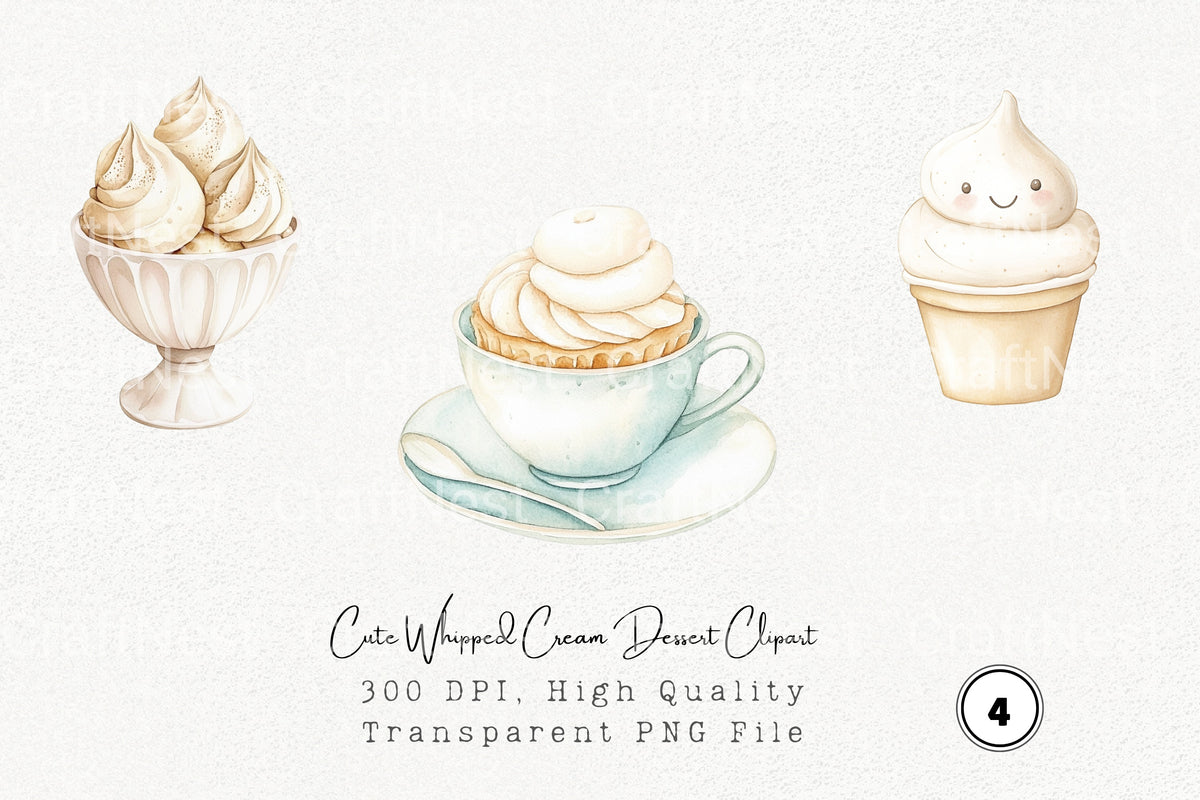 Cute Whipped Cream Dessert Clipart Bundle