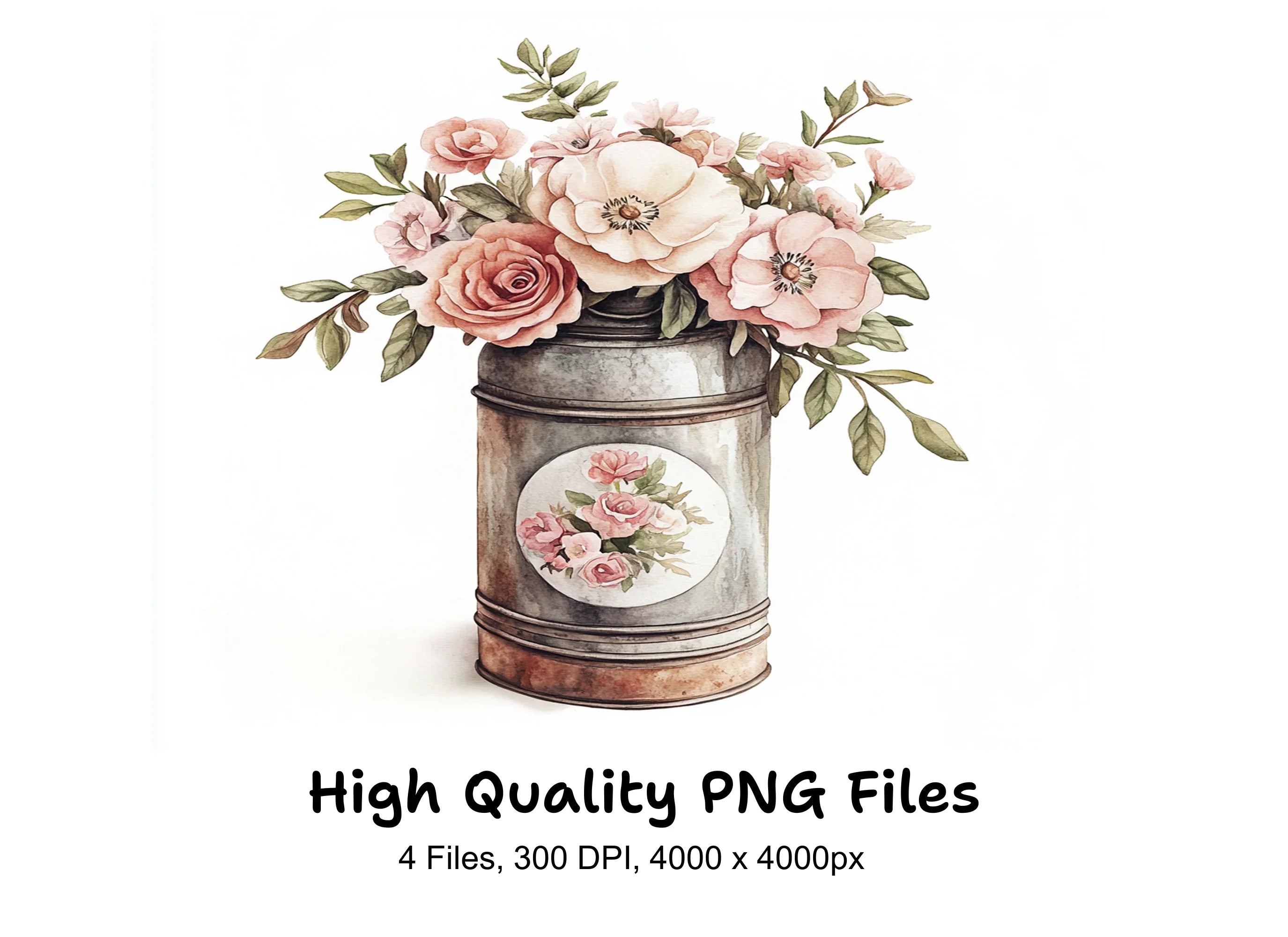 Rustic Flower Arrangements in Metal Cans Clipart Bundle