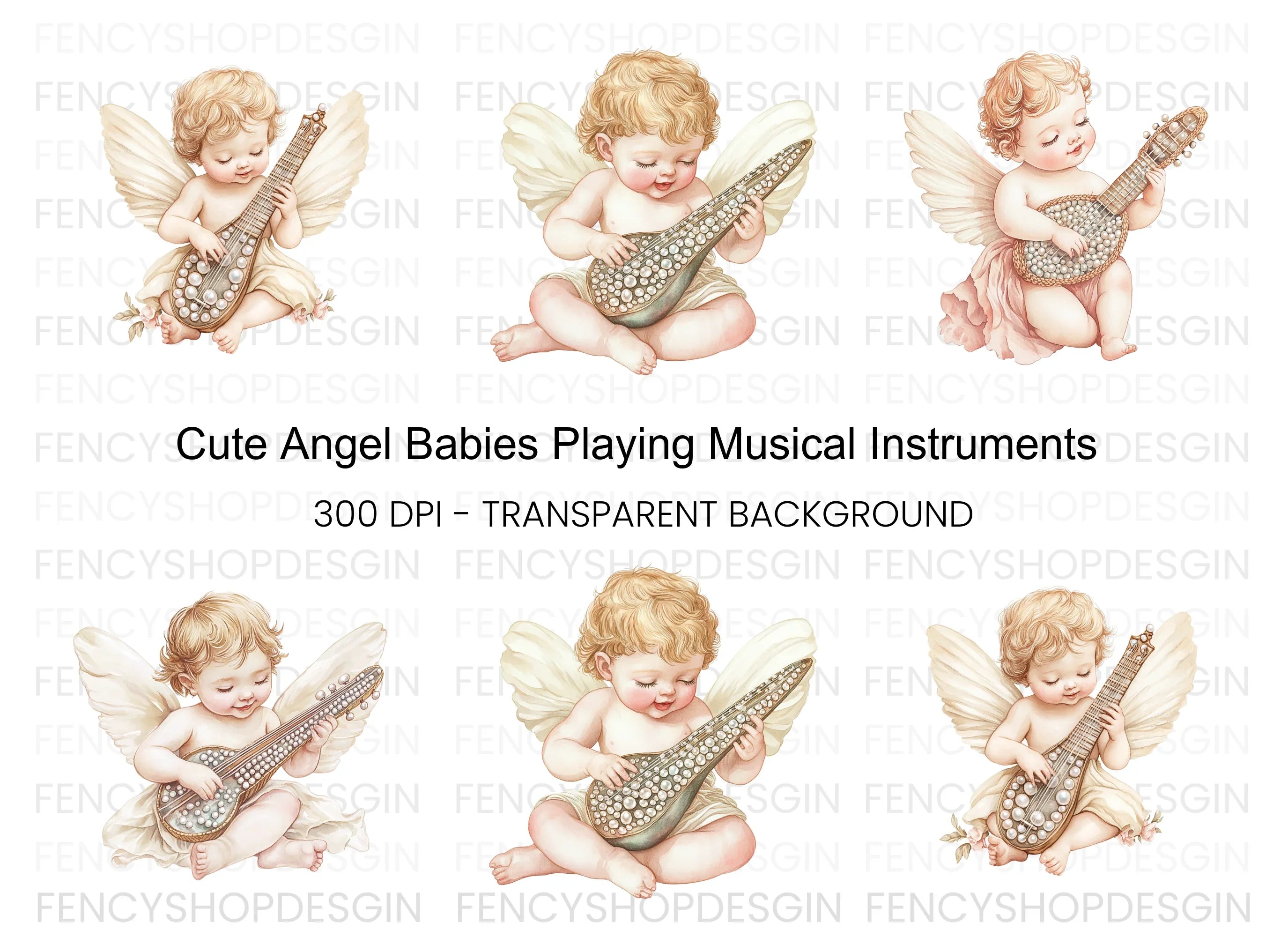 Cute Cherubs Playing Musical Instruments Clipart Bundle