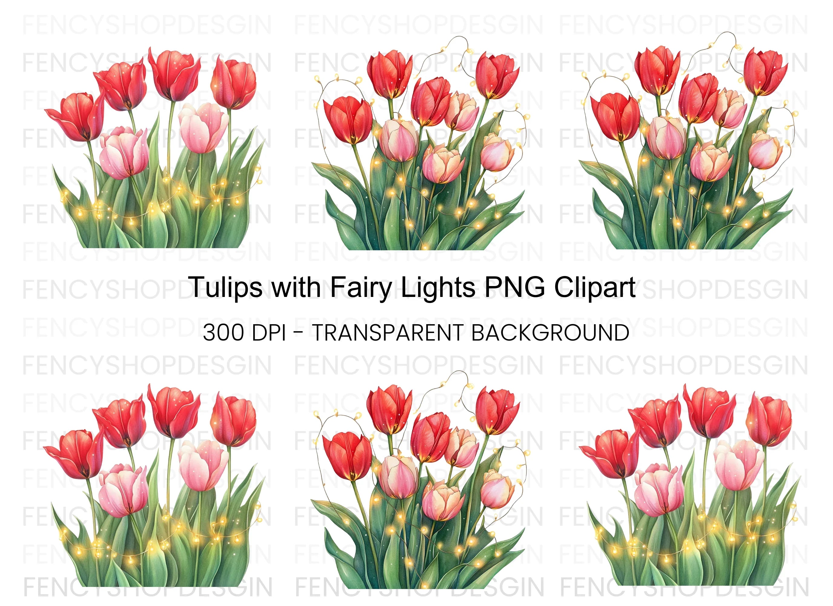 Tulip Bouquet with Fairy Lights Clipart Bundle