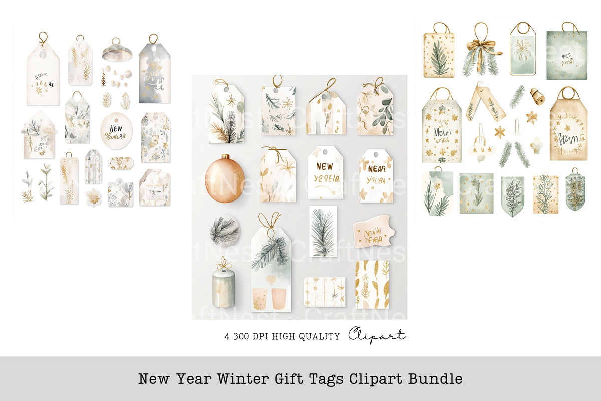 New Year Winter Gift Tags Clipart Bundle