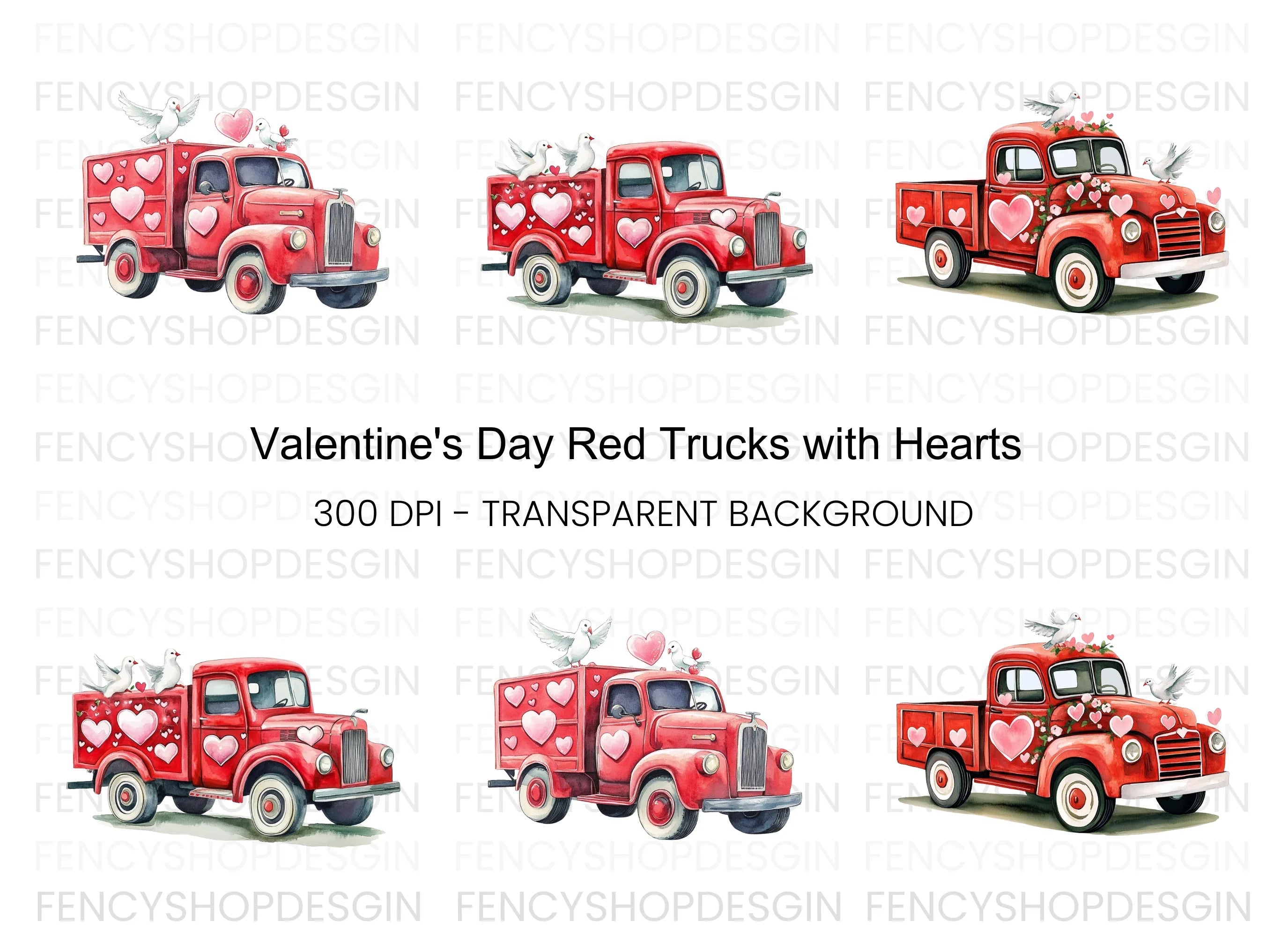 Valentine's Day Red Truck Clipart Bundle