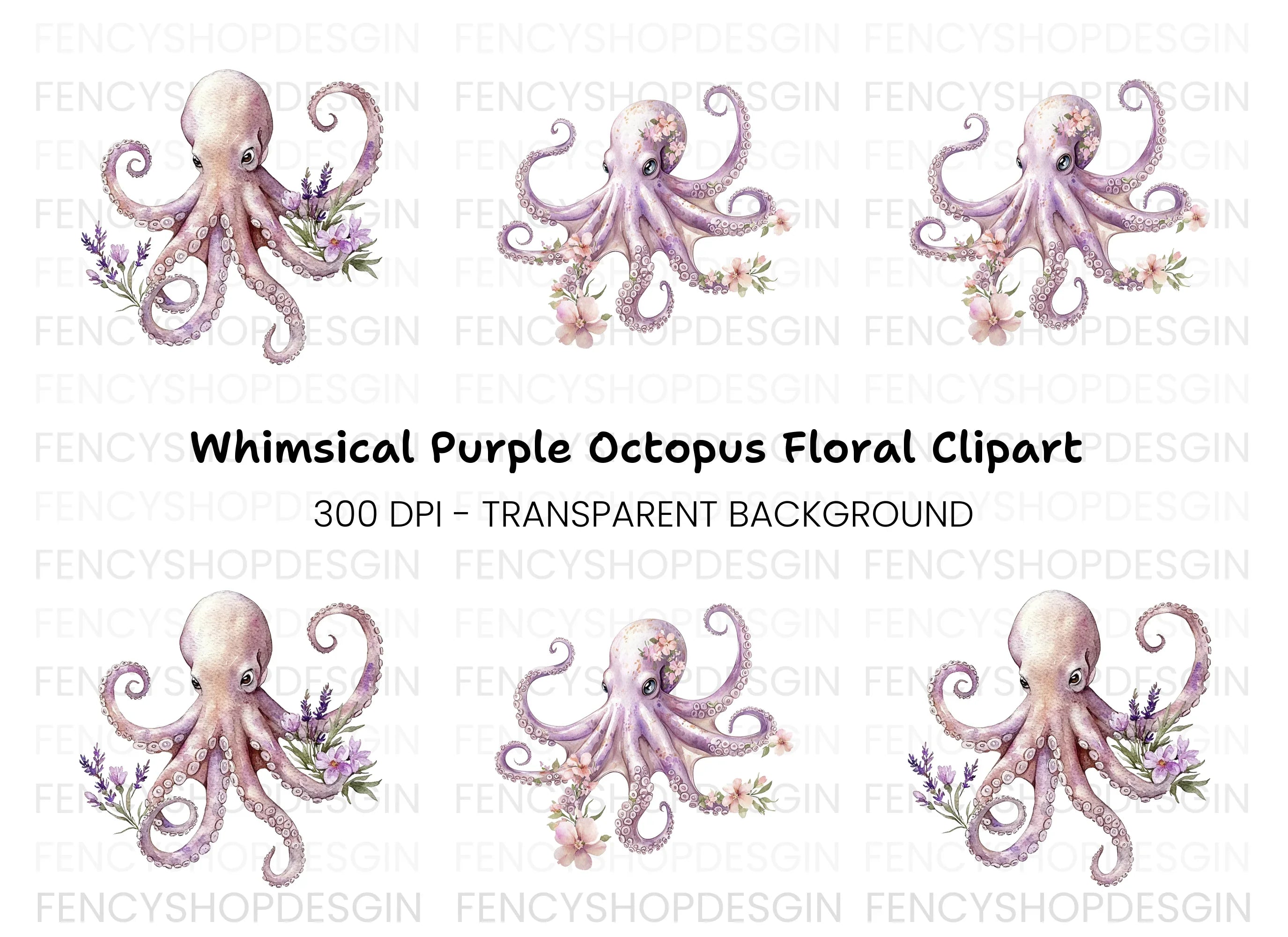 Floral Octopus Clipart Bundle