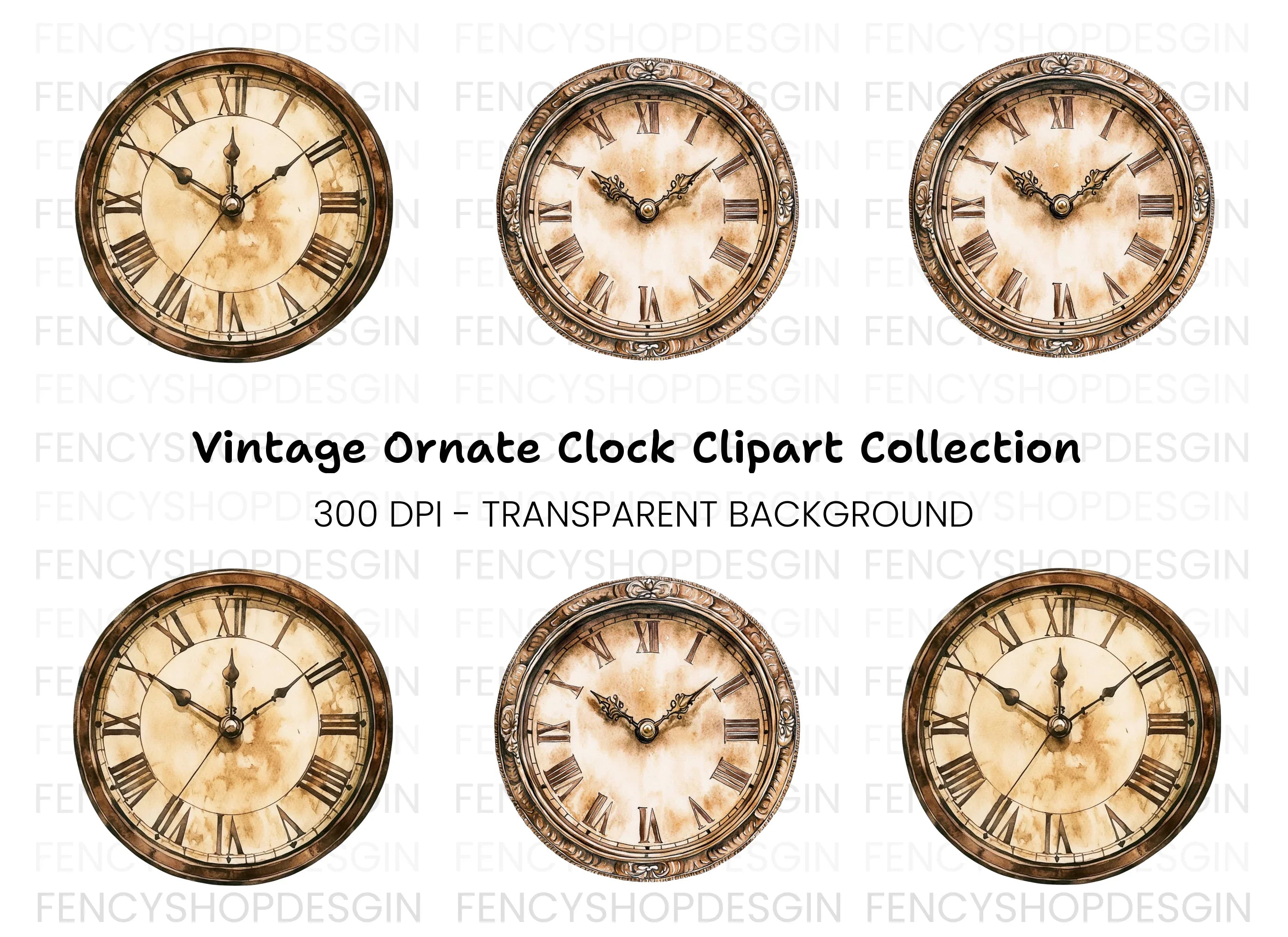 Vintage Clock Faces Clipart Bundle