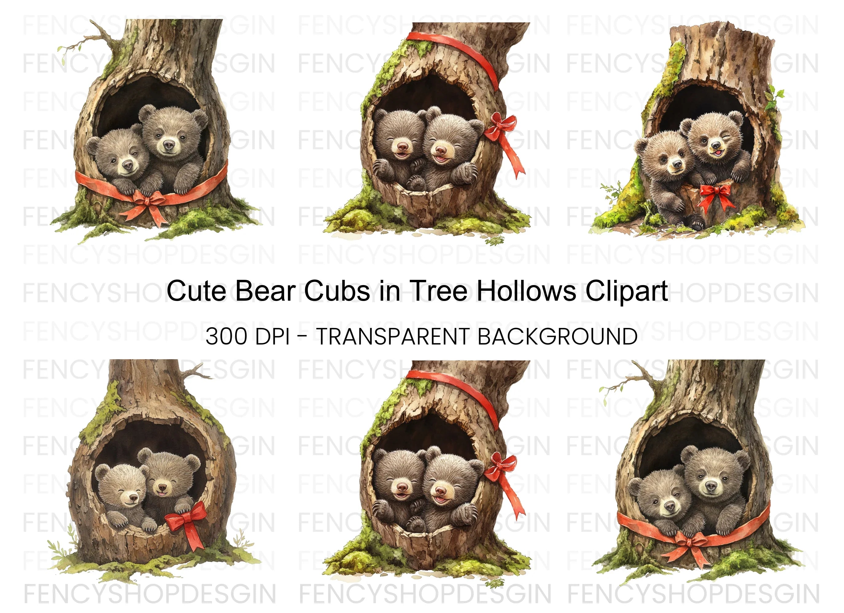 Cute Bear Cubs in Tree Hollow Clipart Bundle