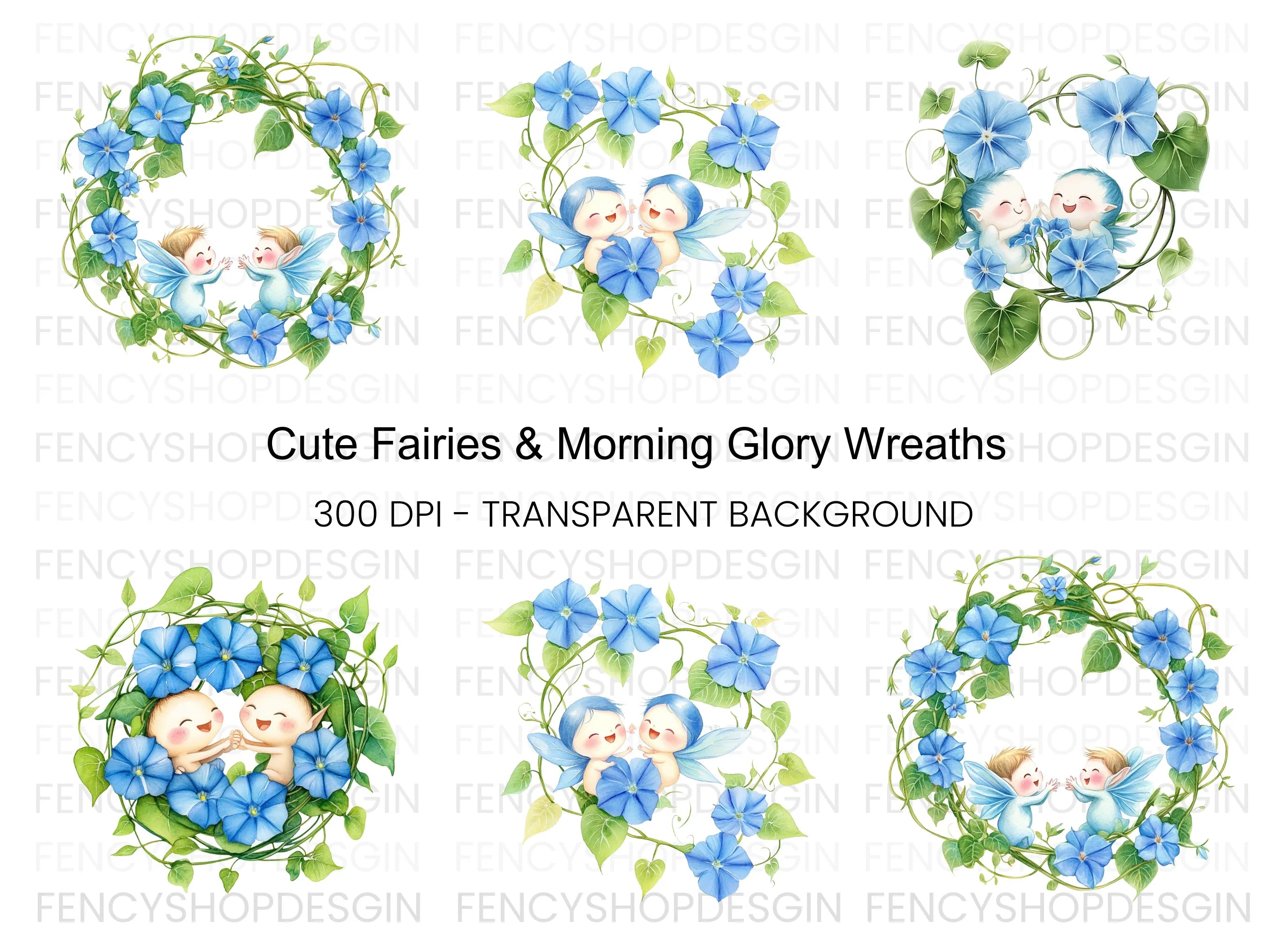 Cute Baby Fairies Morning Glory Clipart Bundle
