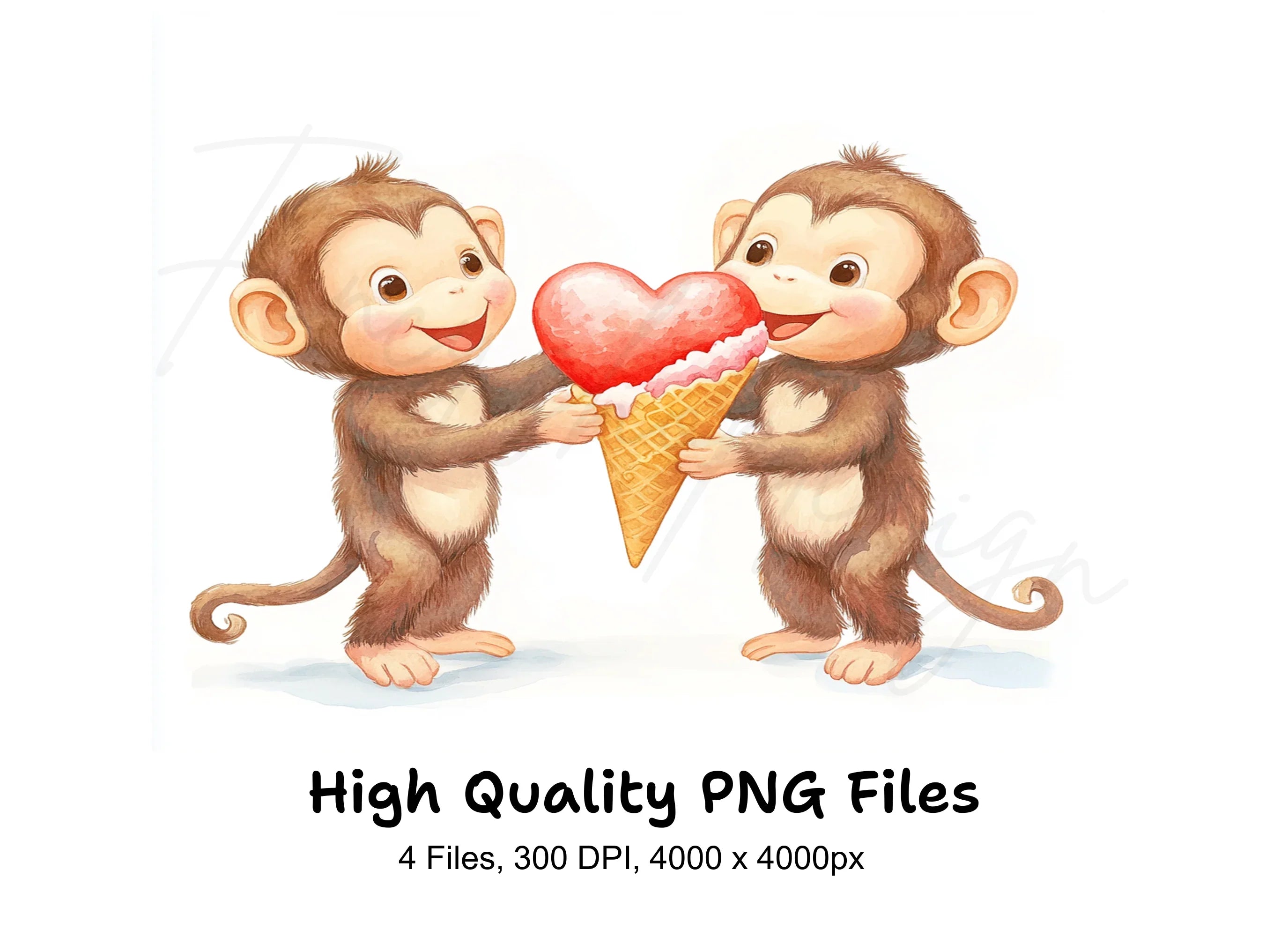 Cute Monkeys Sharing Heart Ice Cream Clipart Bundle