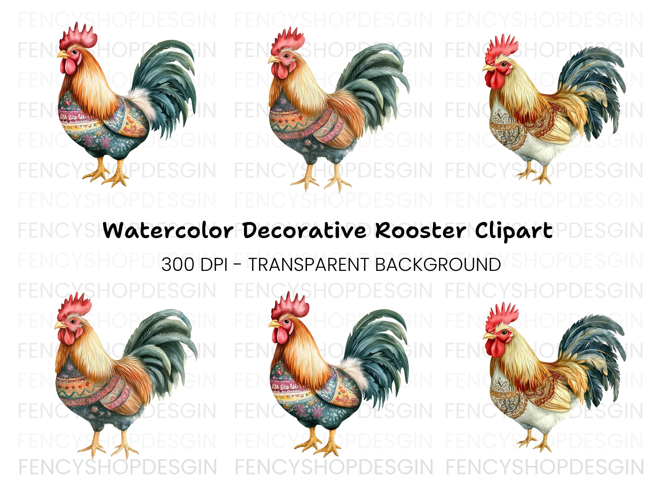 Boho Chic Rooster Clipart Bundle