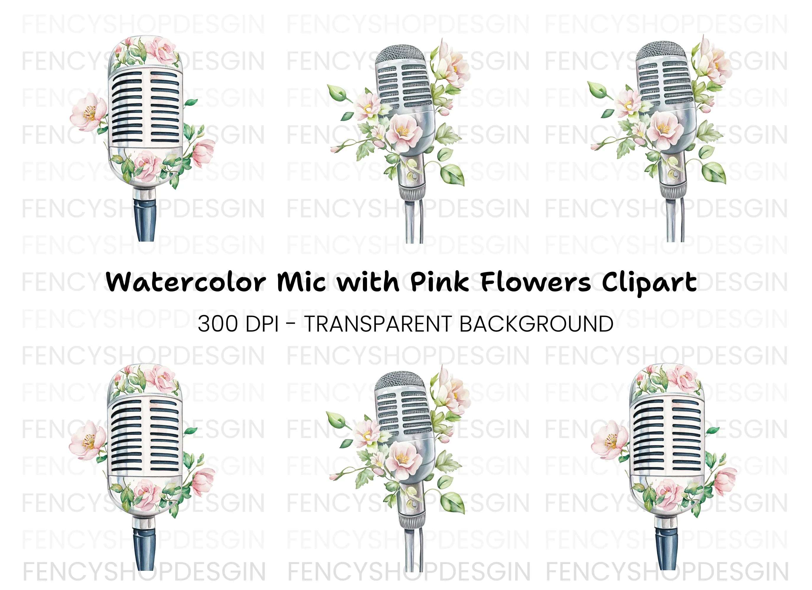 Vintage Microphones with Pink Flowers Clipart Bundle