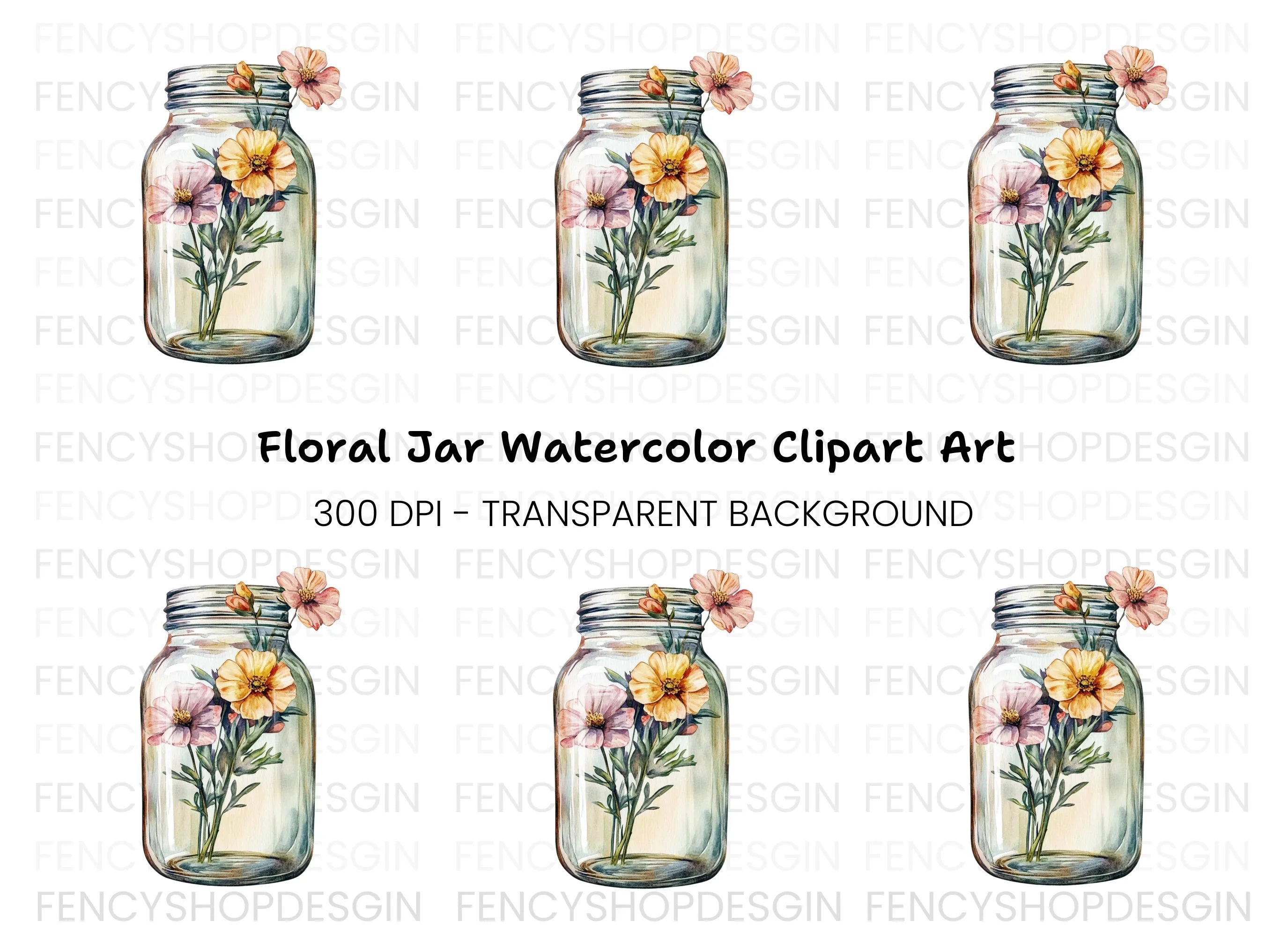 Wildflowers in Glass Jar Clipart Bundle