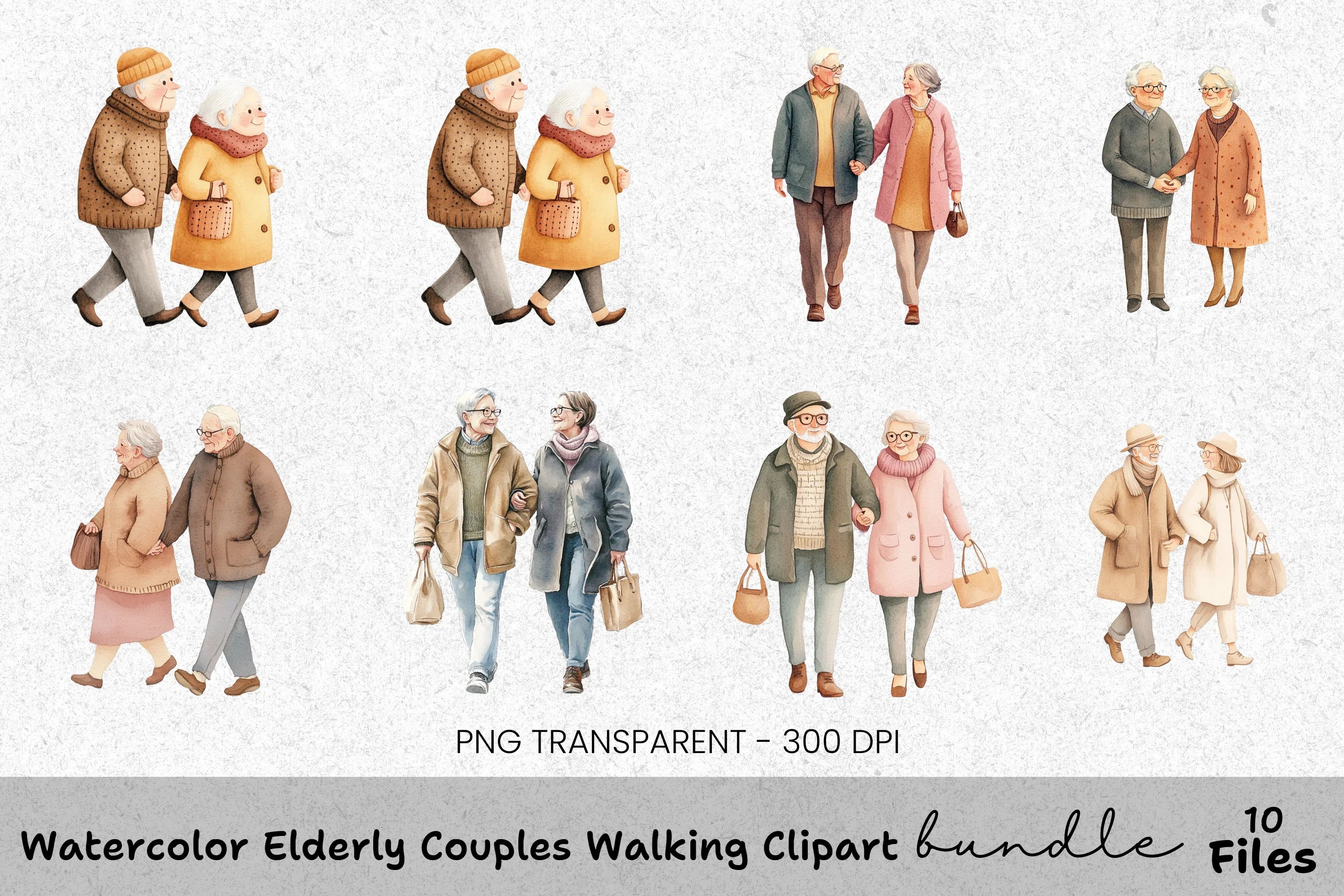 Elderly Couples Walking Clipart Bundle