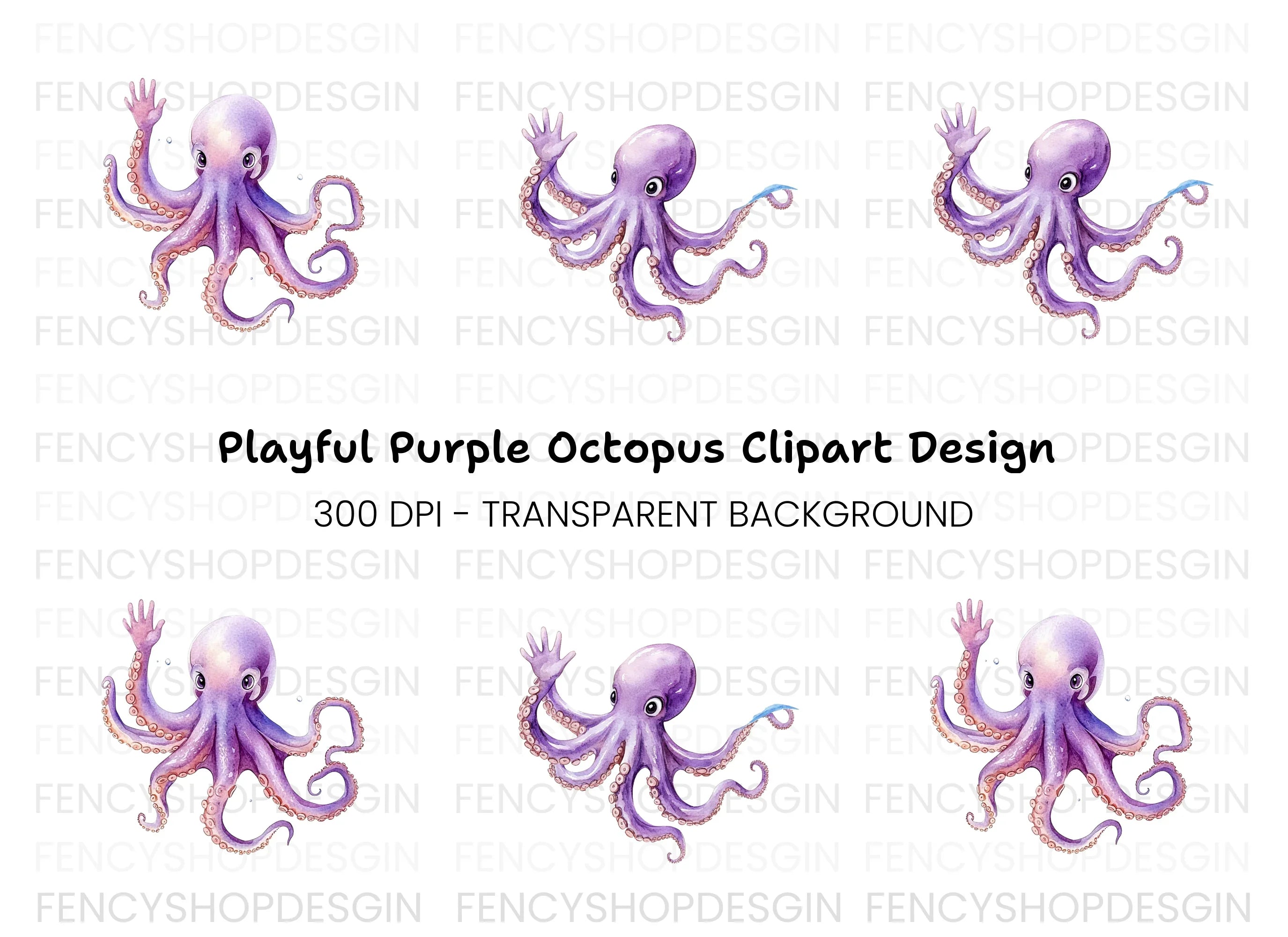 Cute Purple Octopus Waving Clipart Bundle