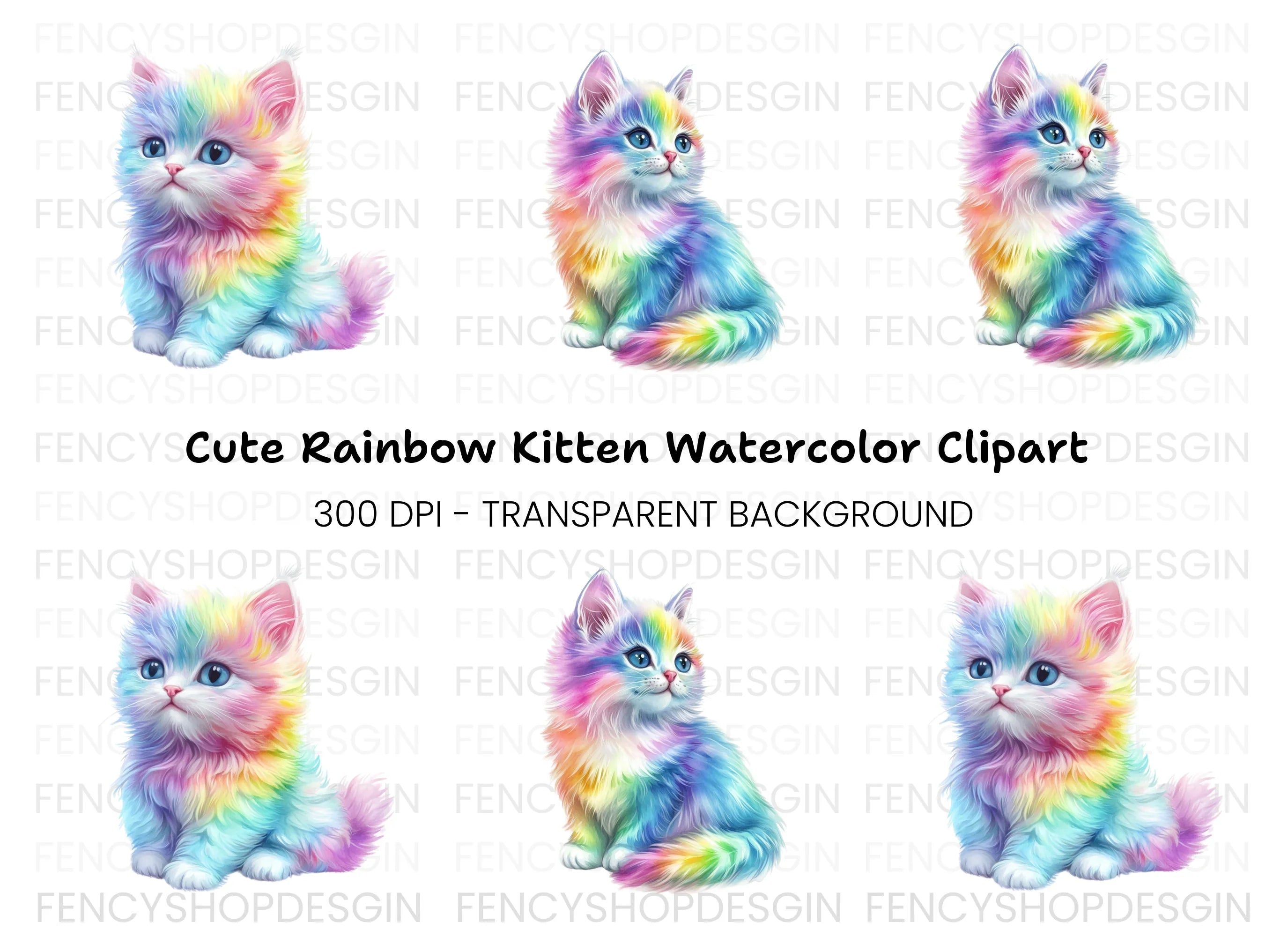 Fluffy Rainbow Kittens Clipart Bundle