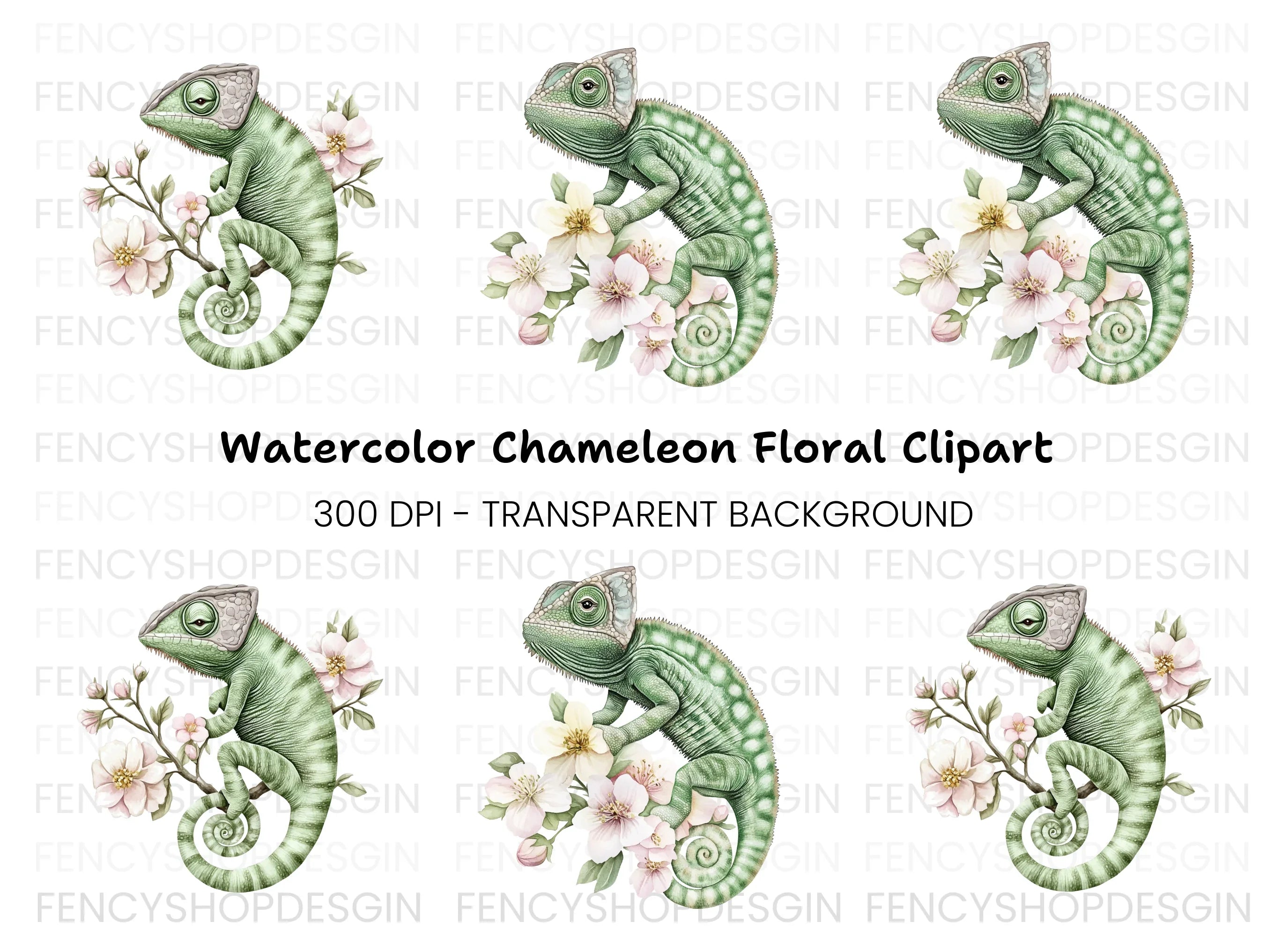 Chameleon with Pink Flowers Clipart Bundle