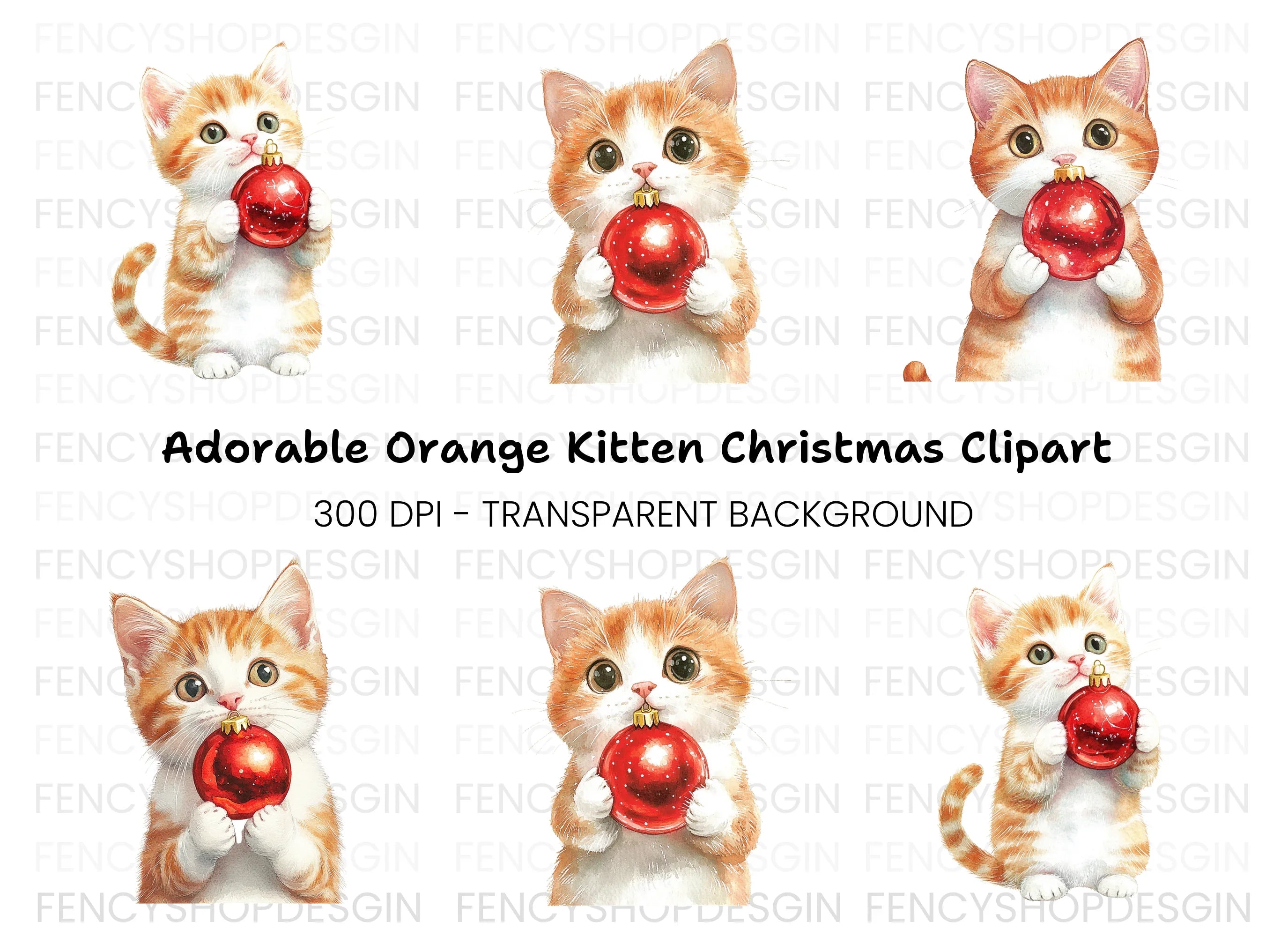 Cute Ginger Kittens with Christmas Orbs Clipart Bundle