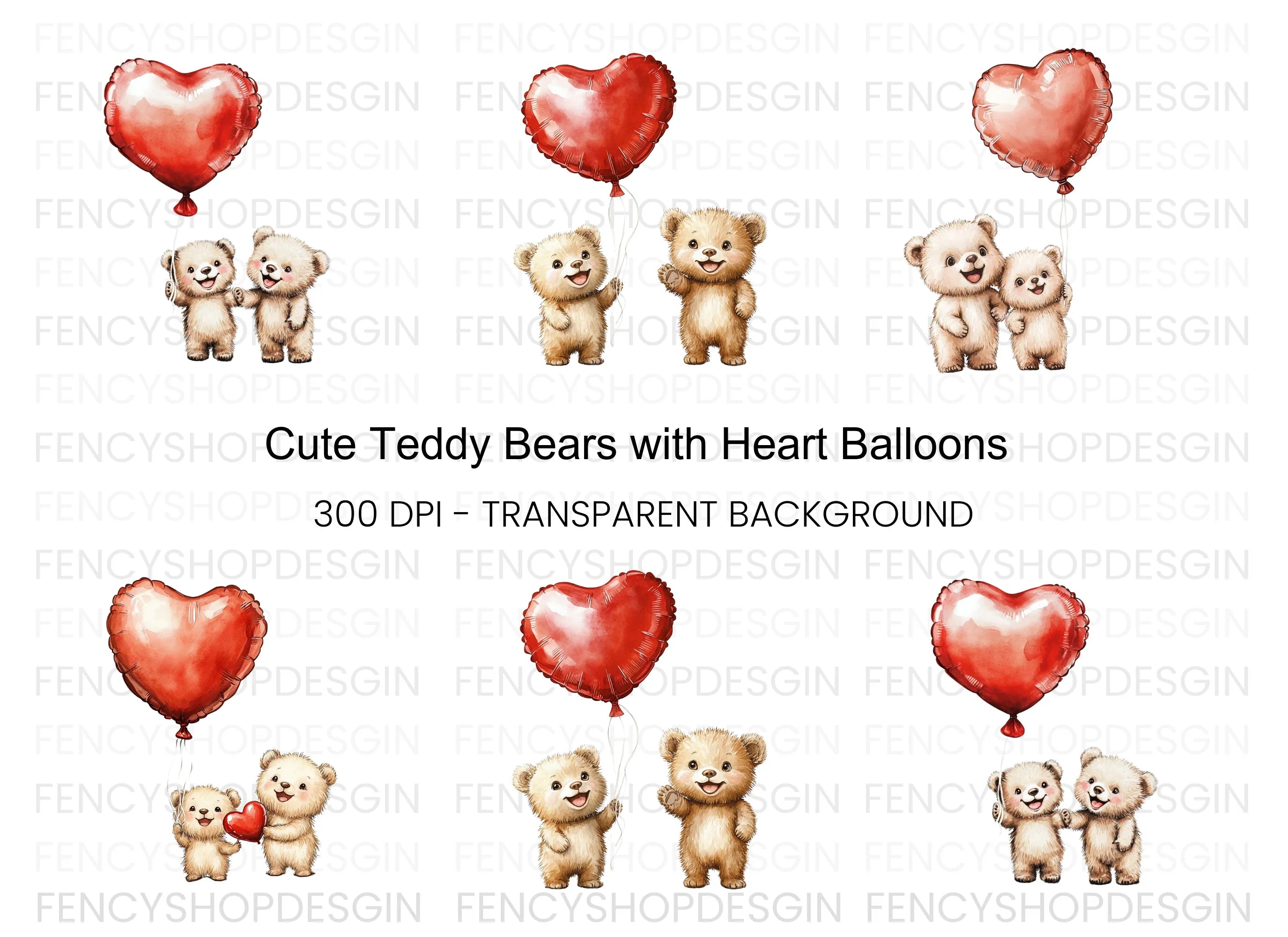 Cute Teddy Bears with Heart Balloons Clipart Bundle