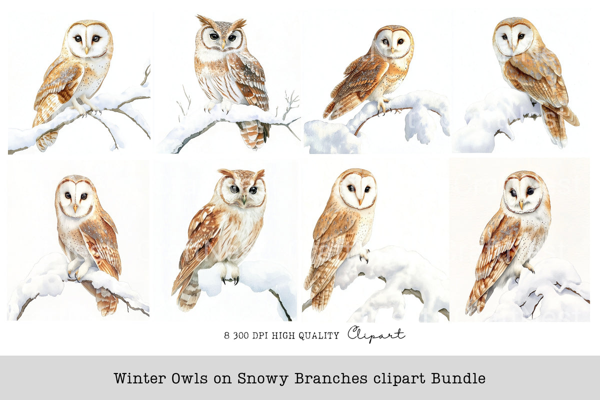 Winter Owls On Snowy Branches Clipart Bundle