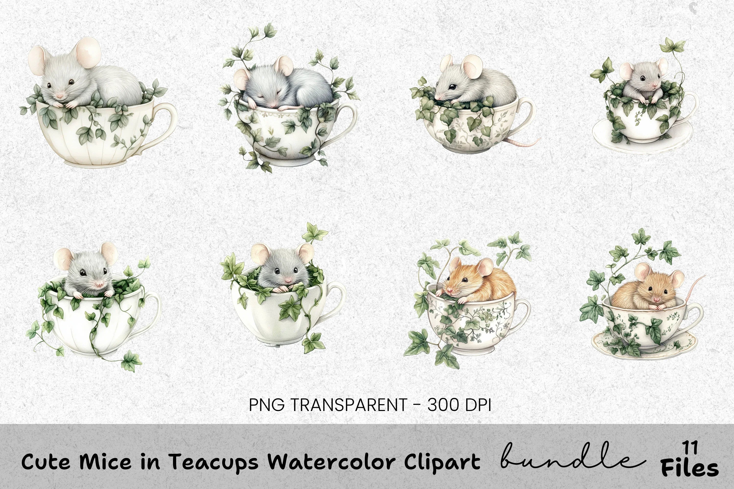Cute Mice in Teacups Clipart Bundle