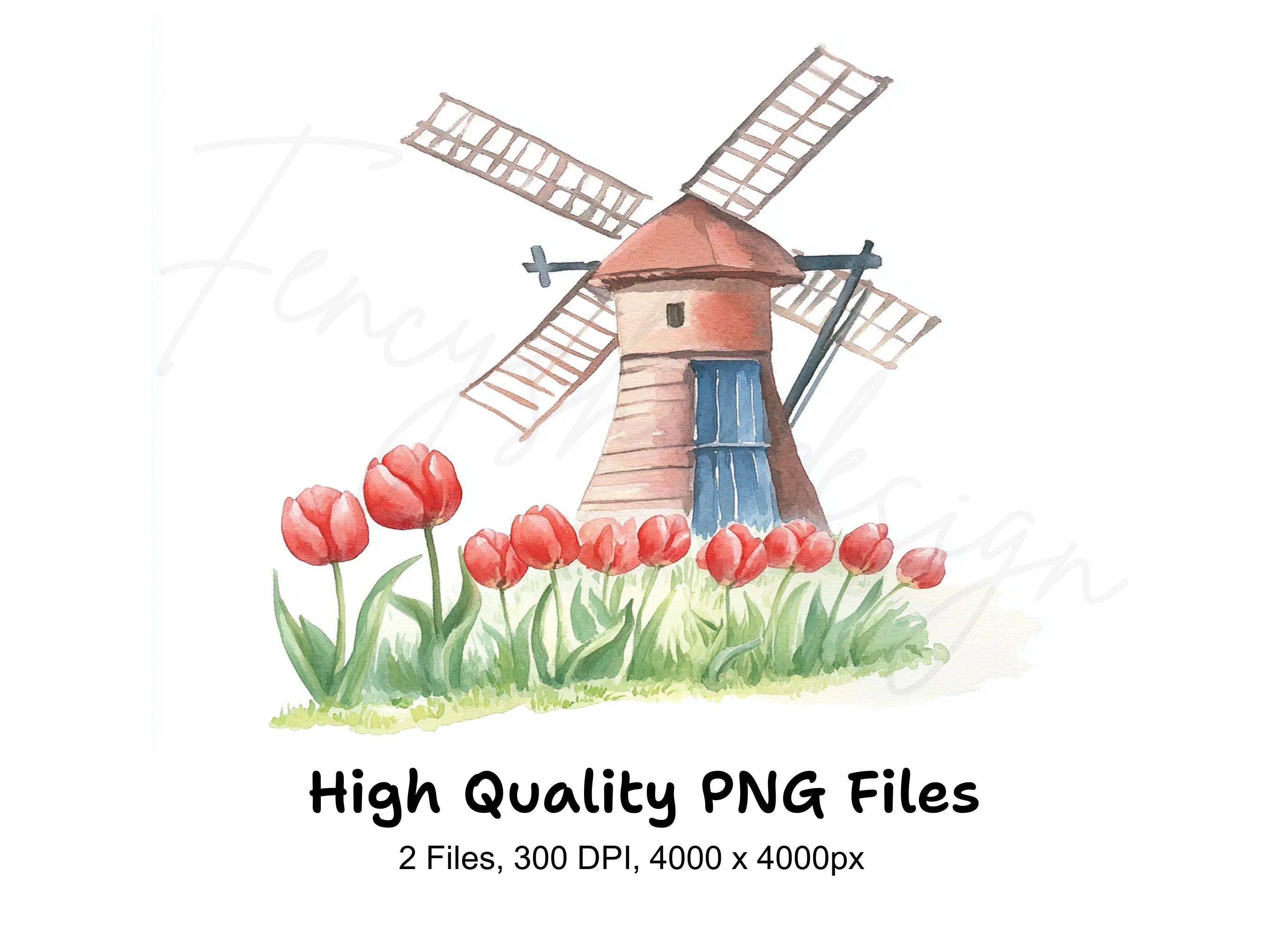 Dutch Windmills and Red Tulips Clipart Bundle