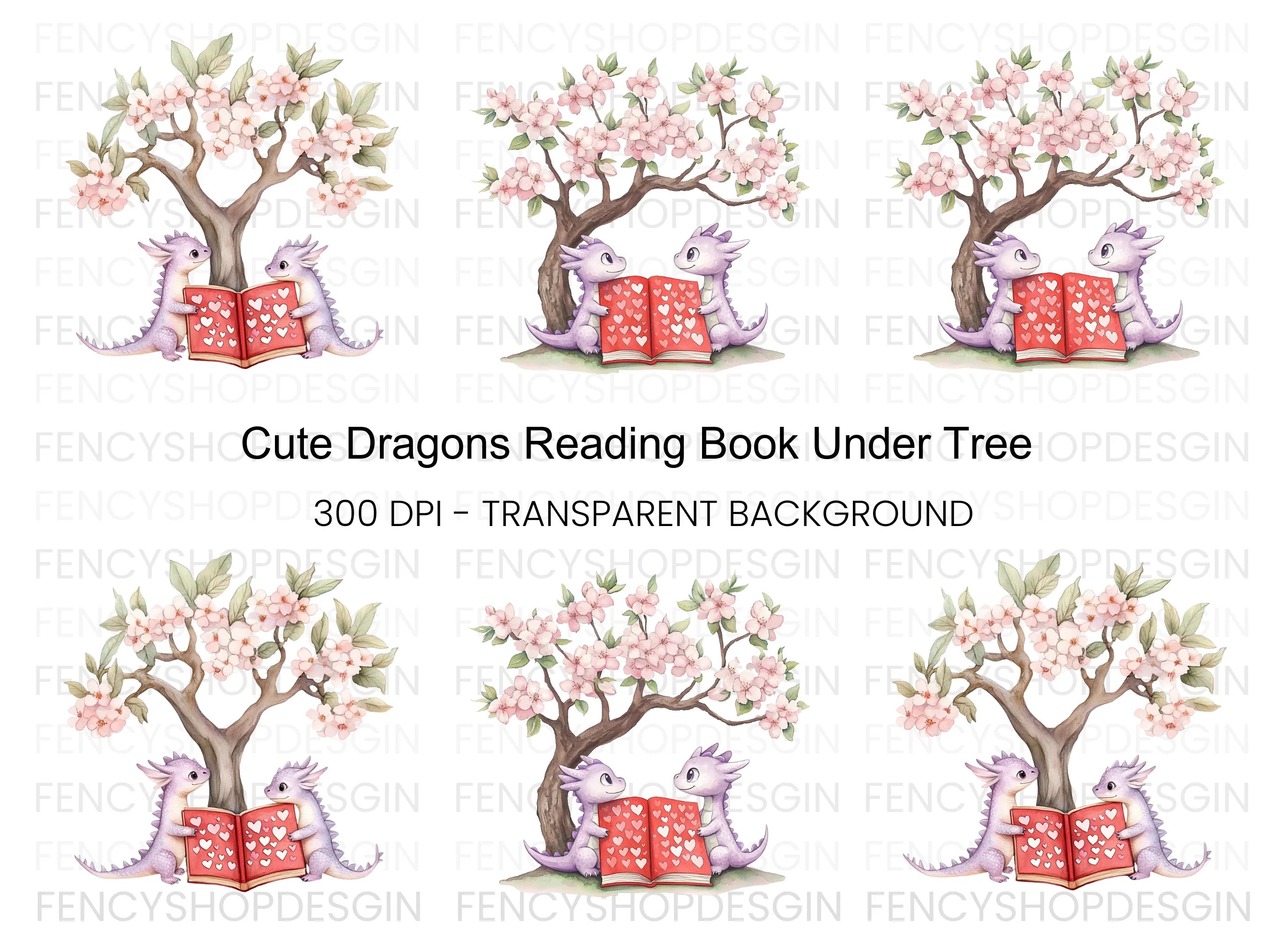 Cute Dragons Reading Under Cherry Tree Clipart Bundle