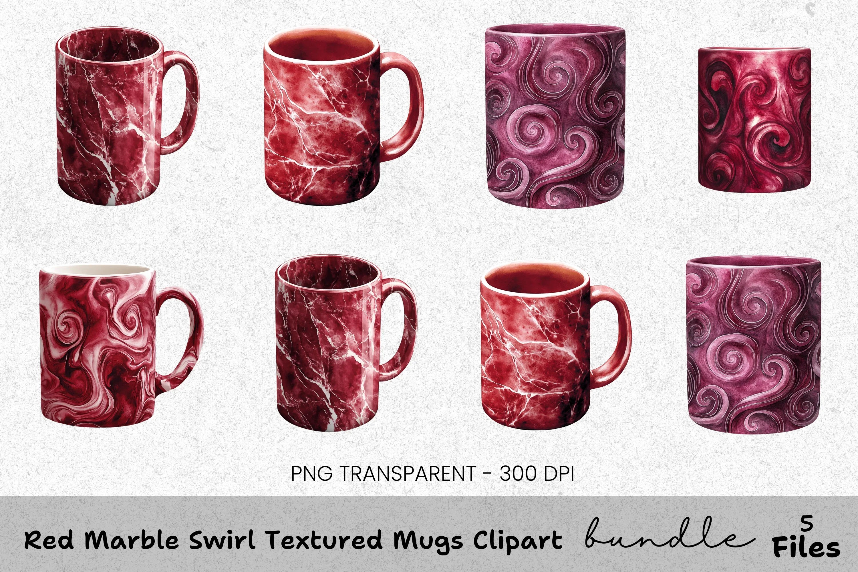 Red Marble Swirl Textured Mugs Clipart Bundle
