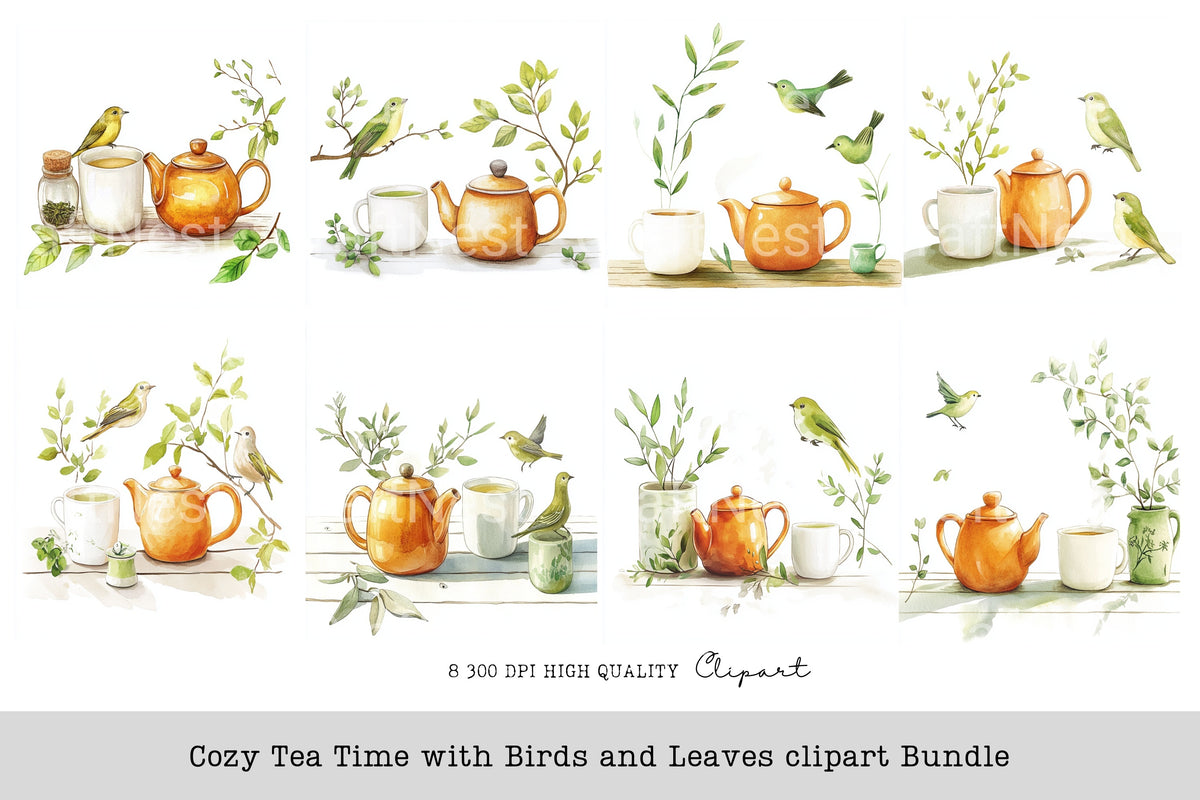 Cozy Tea Time With Birds And Leaves Clipart Bundle