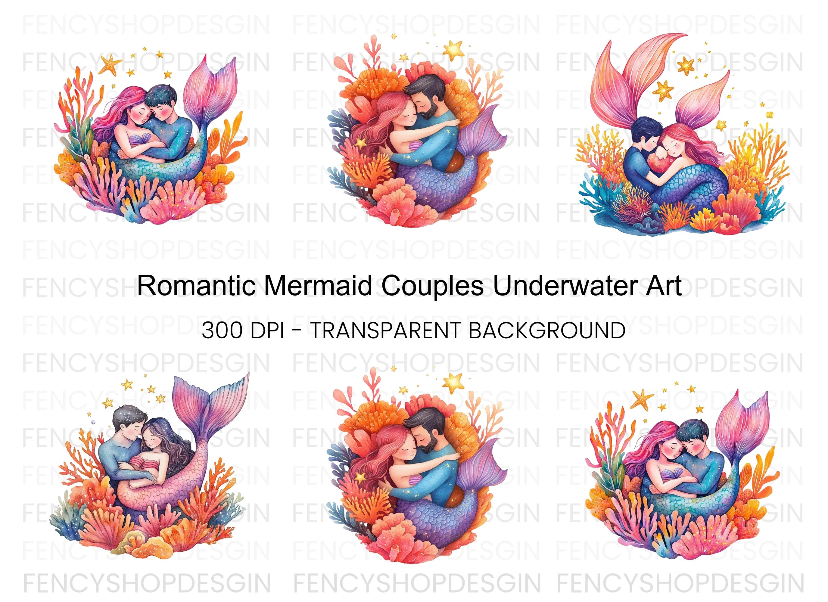 Romantic Mermaid Couple Hugging Clipart Bundle