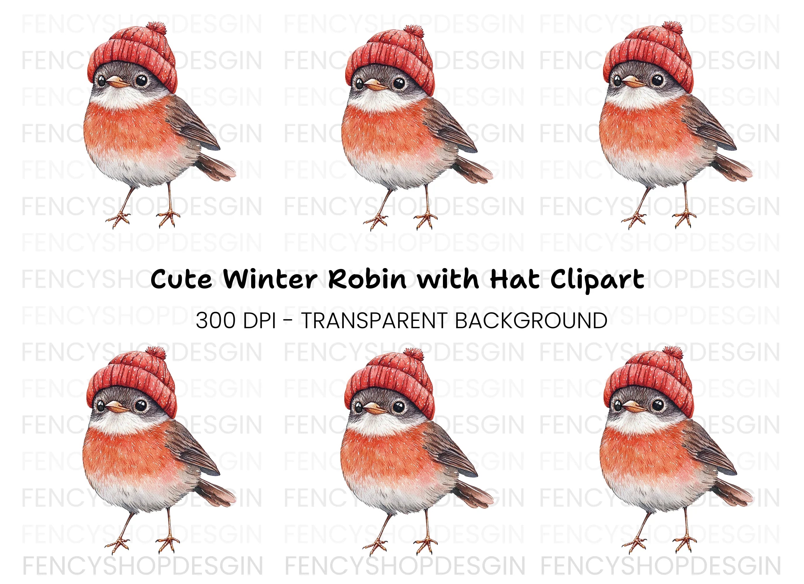 Cute Robin Bird in Red Beanie Clipart Bundle