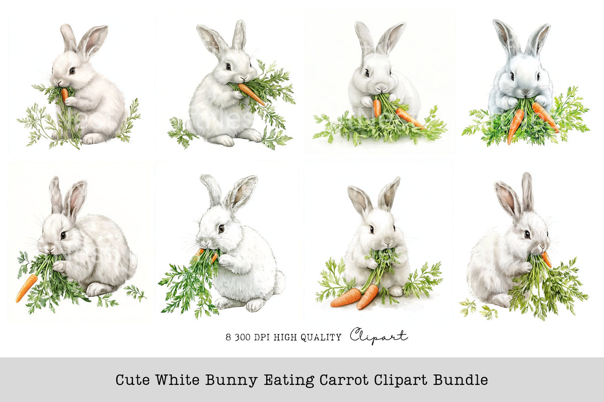Cute White Bunny Eating Carrot Clipart Bundle