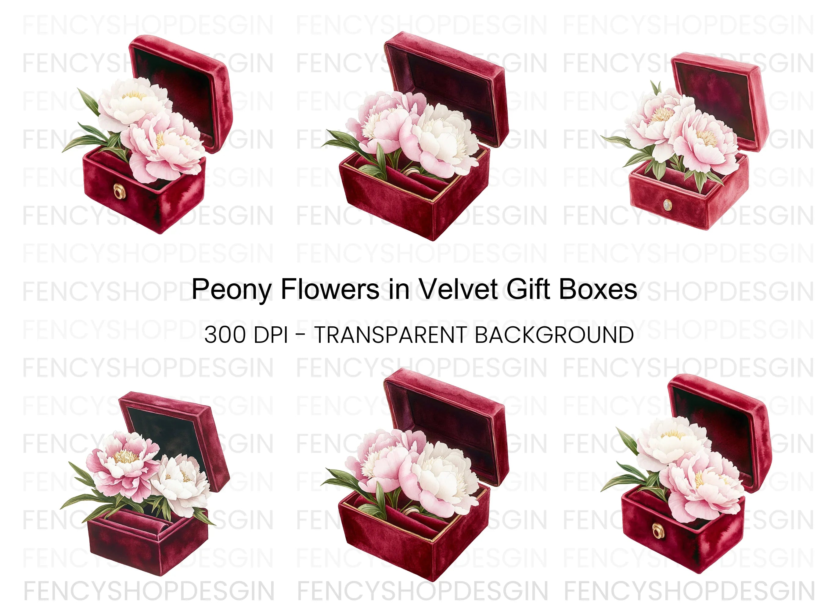 Peony Flowers in Velvet Ring Boxes Clipart Bundle