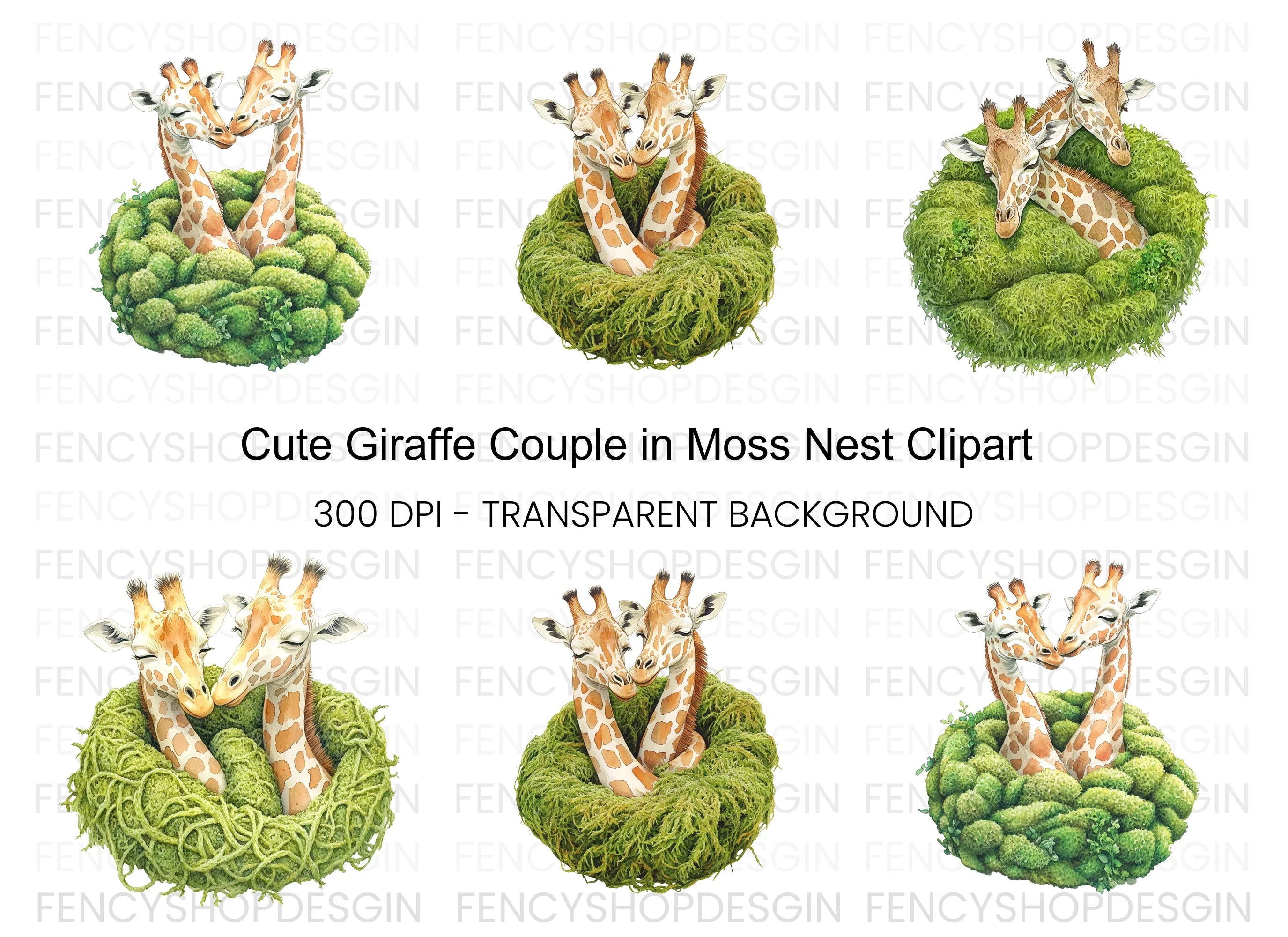 Cute Giraffe Couples in Moss Nests Clipart Bundle