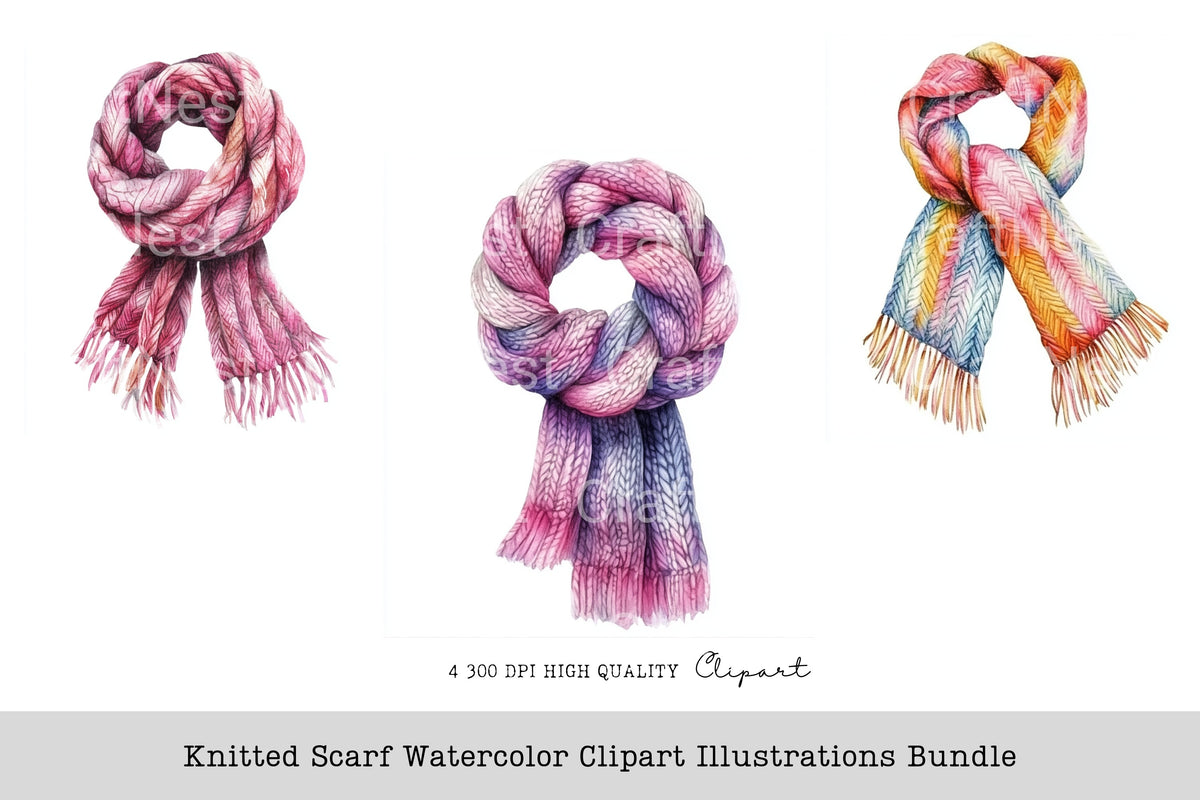 Knitted Scarf Illustrations Clipart Bundle