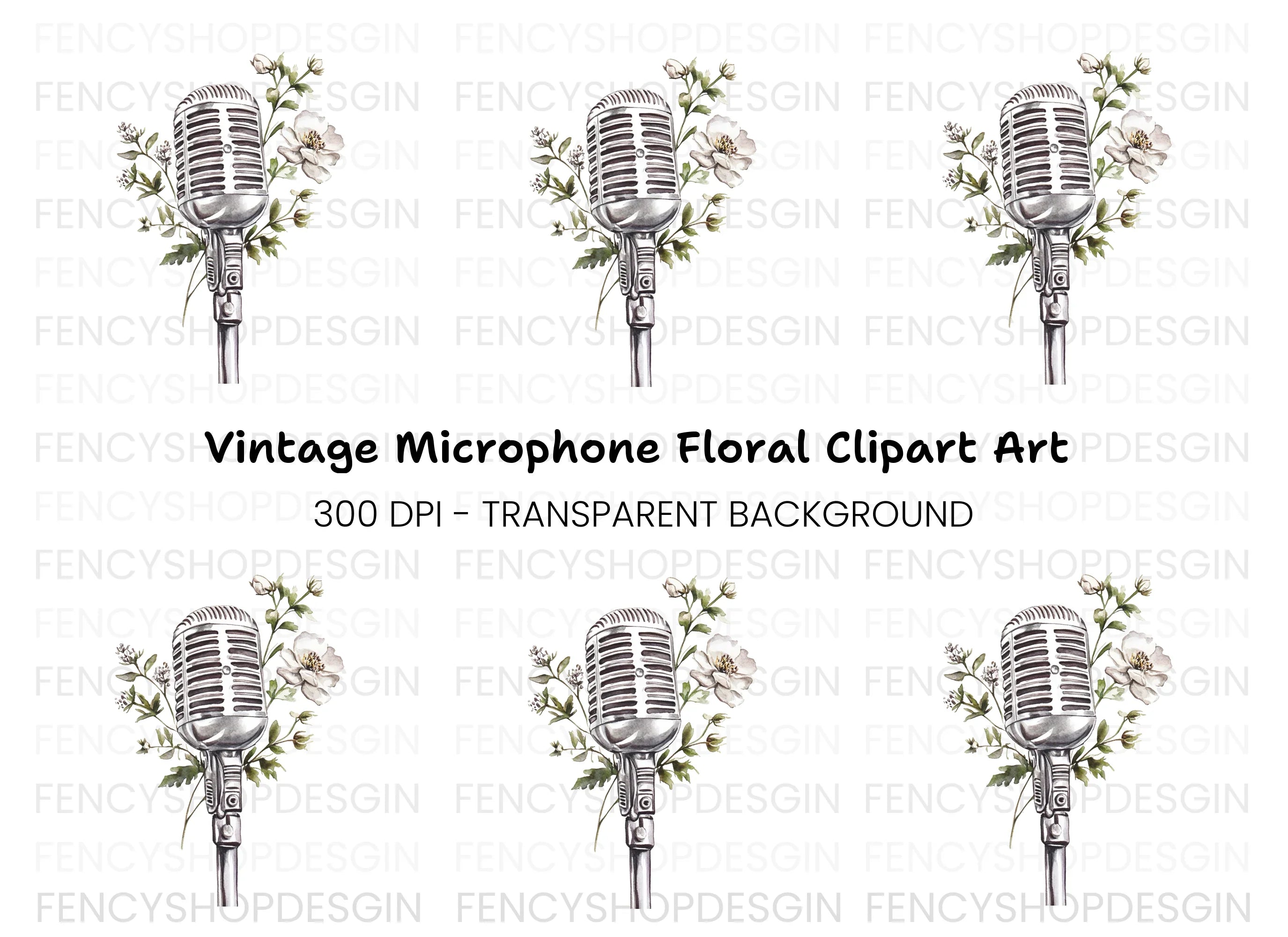 Retro Microphone with White Flowers Clipart Bundle