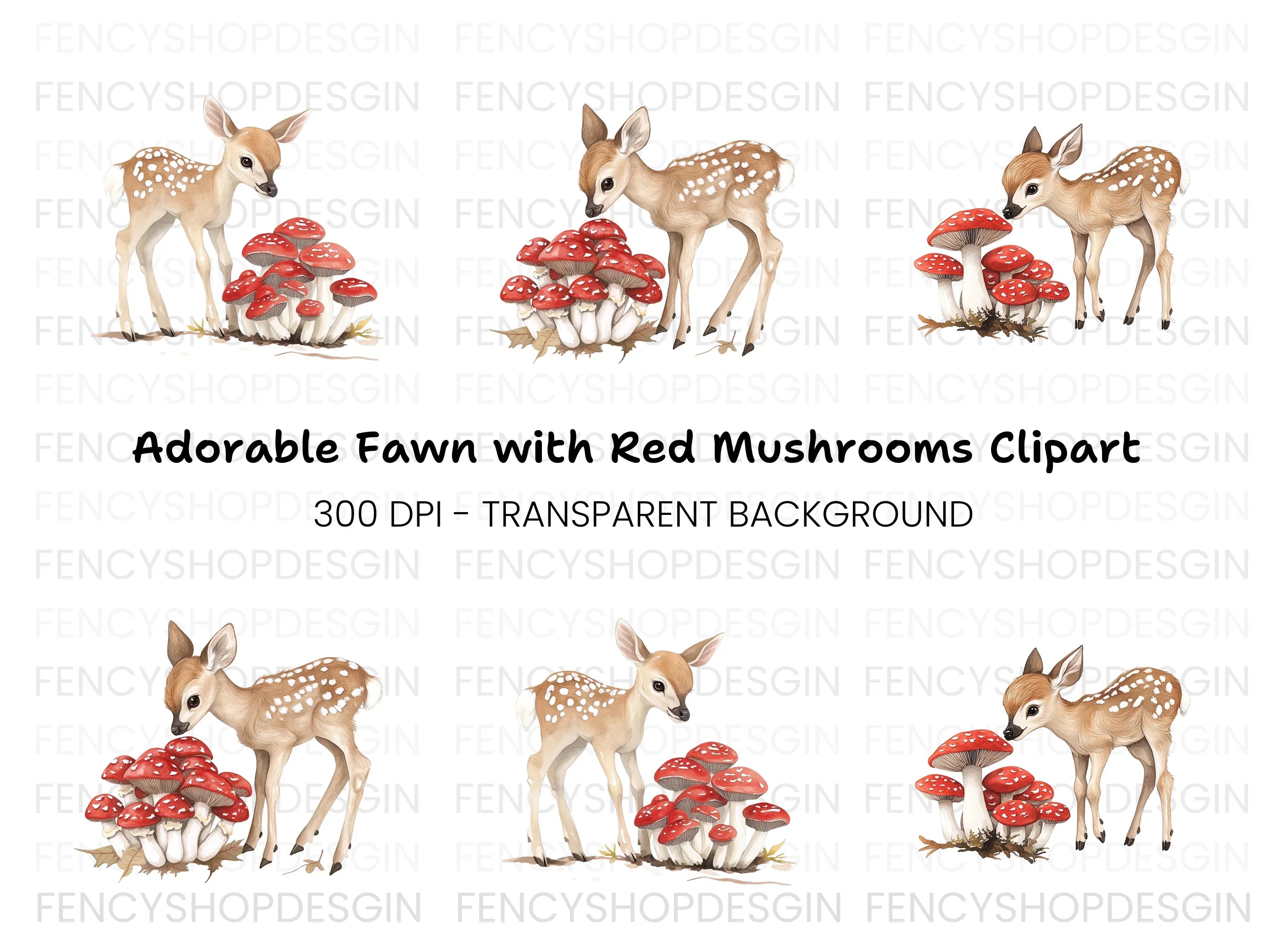 Baby Deer and Red Mushrooms Clipart Bundle