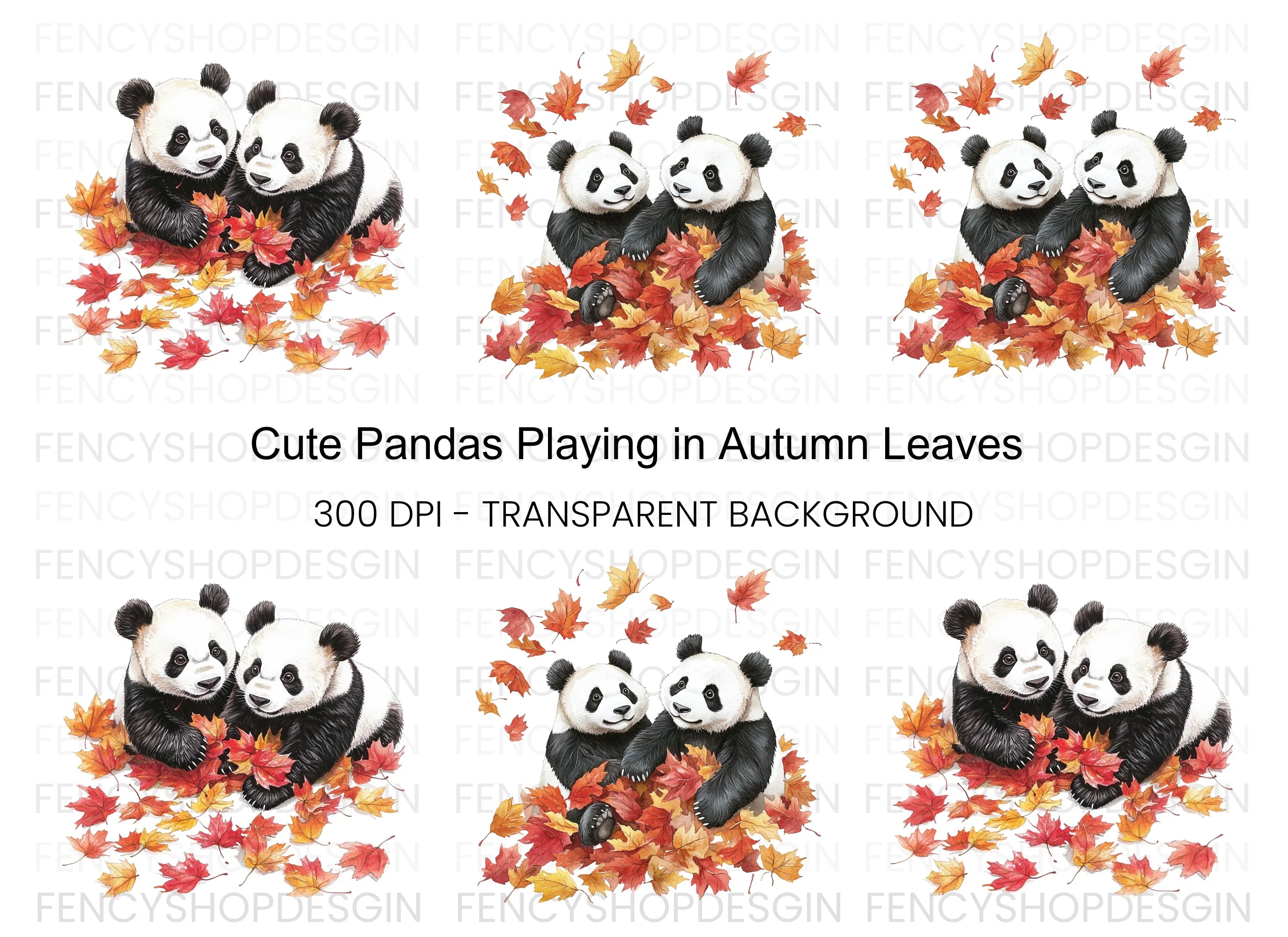 Cute Pandas Playing in Autumn Leaves Clipart Bundle