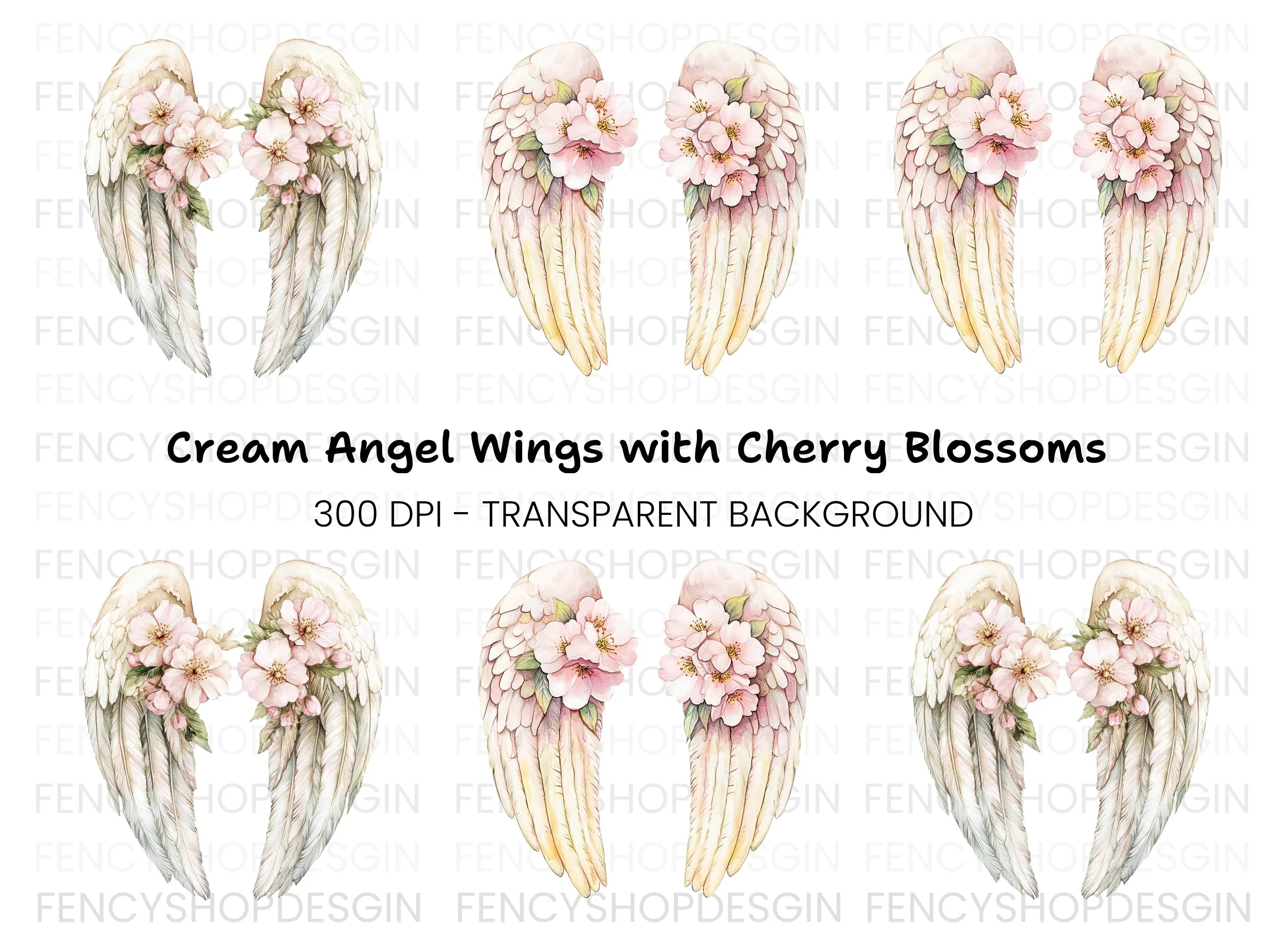 White Feathered Angel Wings with Flowers Clipart Bundle