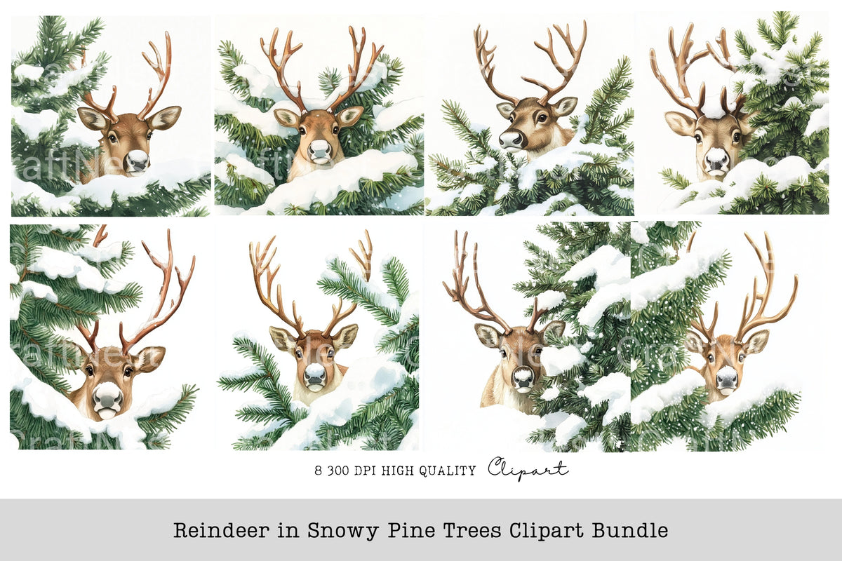 Reindeer In Snowy Pine Trees Clipart Bundle