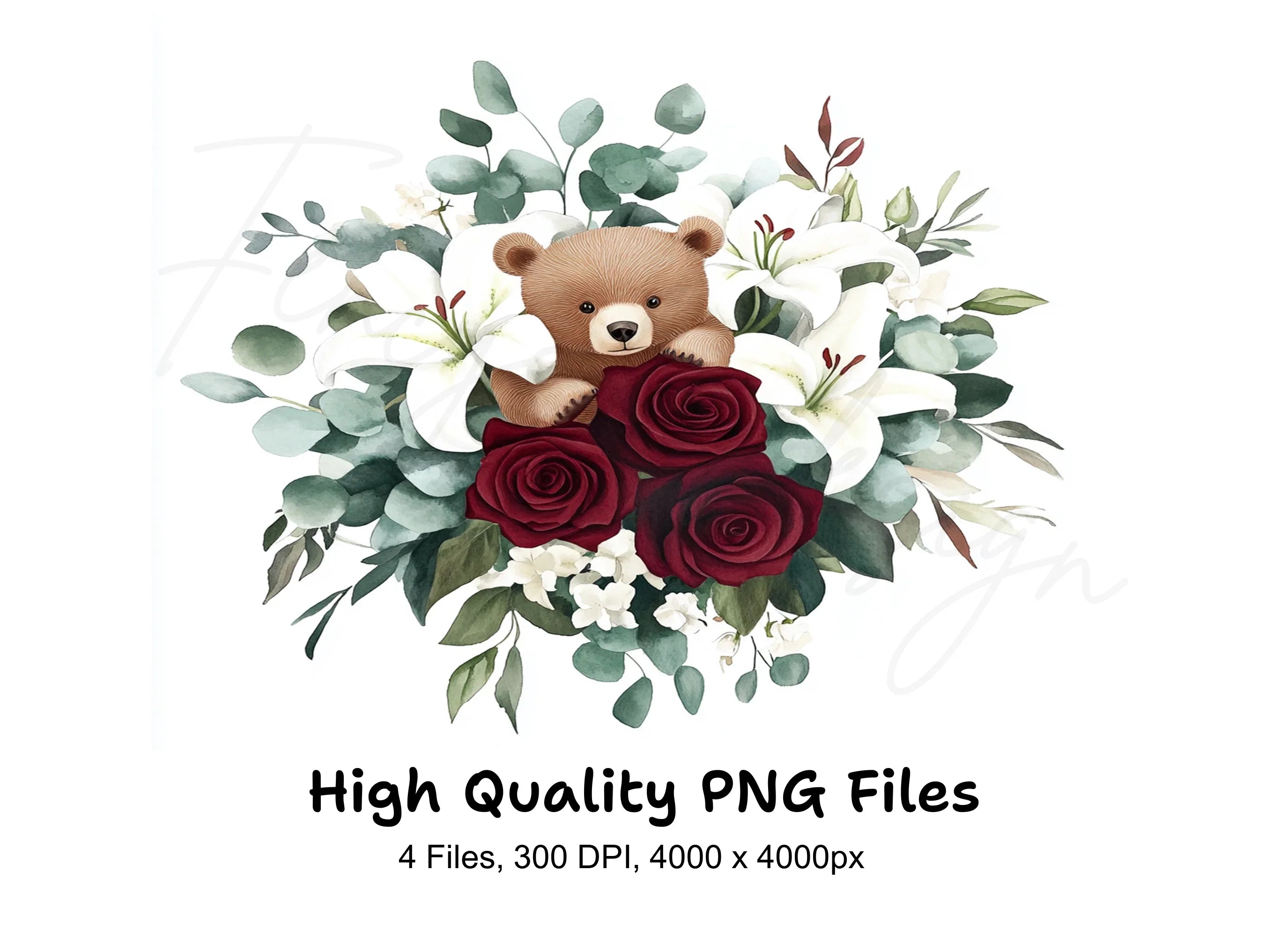 Teddy Bear Floral Bouquet Clipart Bundle