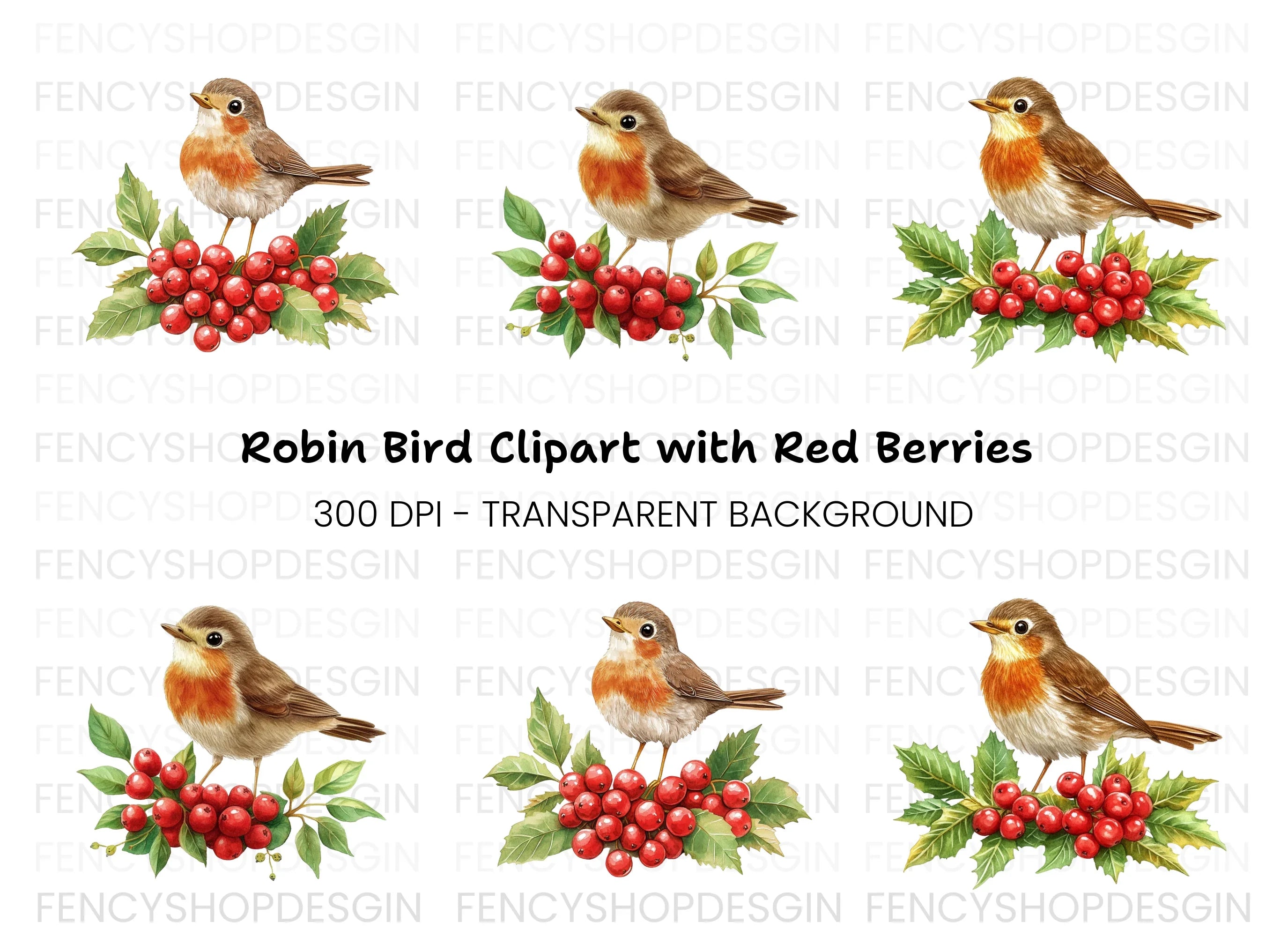 Robins with Holly Berries Clipart Bundle
