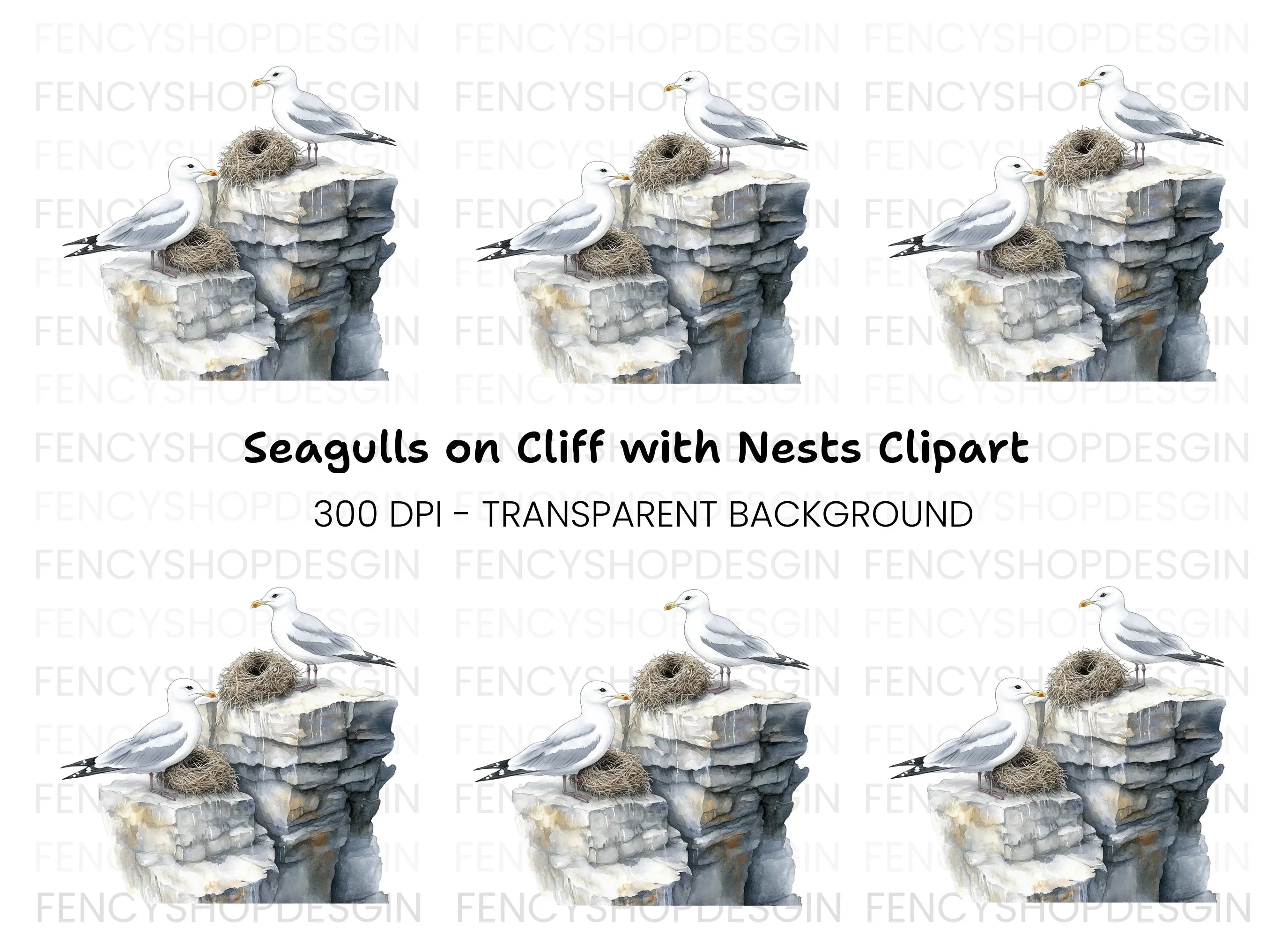 Seagulls on Rocks with Nests Clipart Bundle
