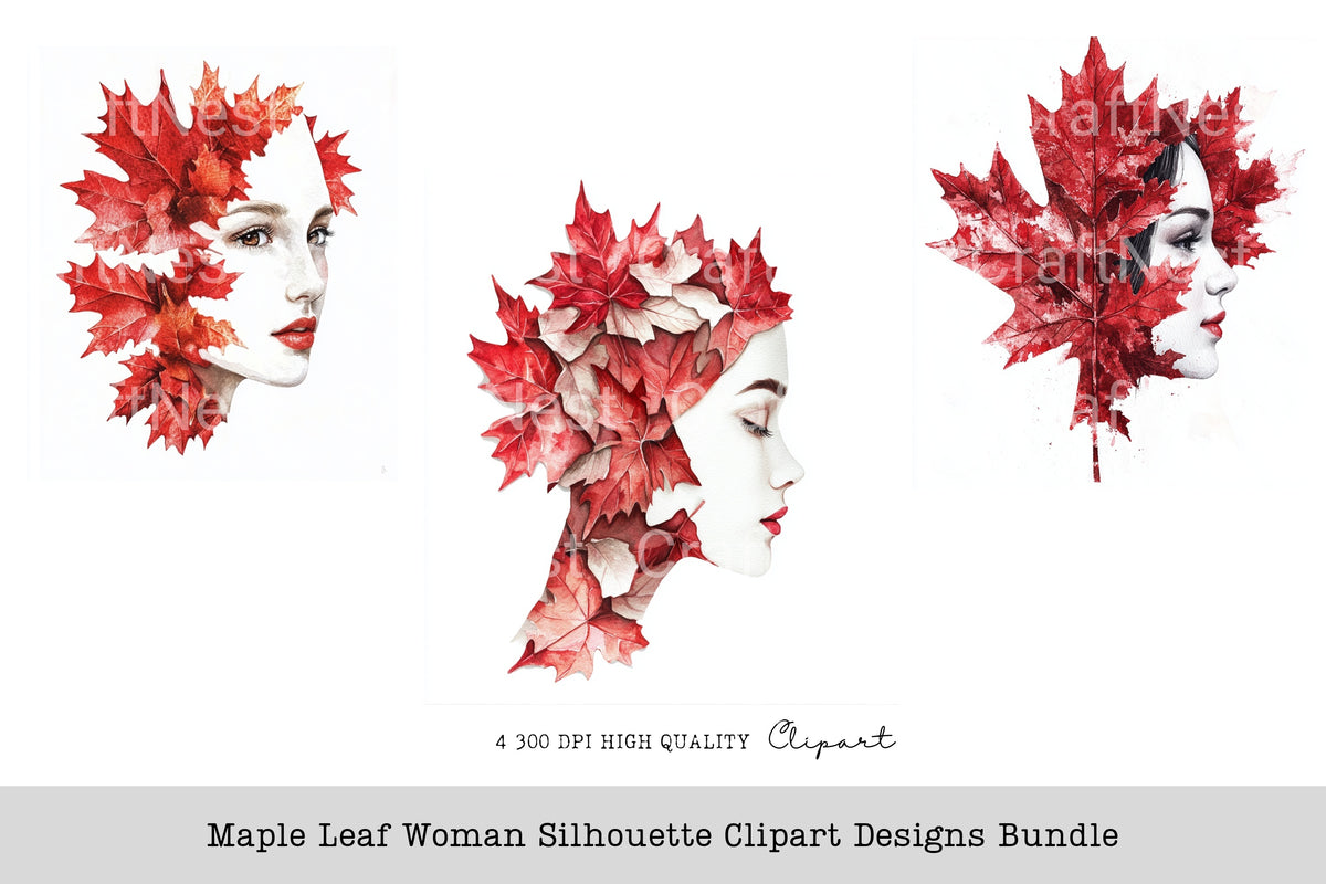 Maple Leaf Woman Silhouette Designs Clipart Bundle