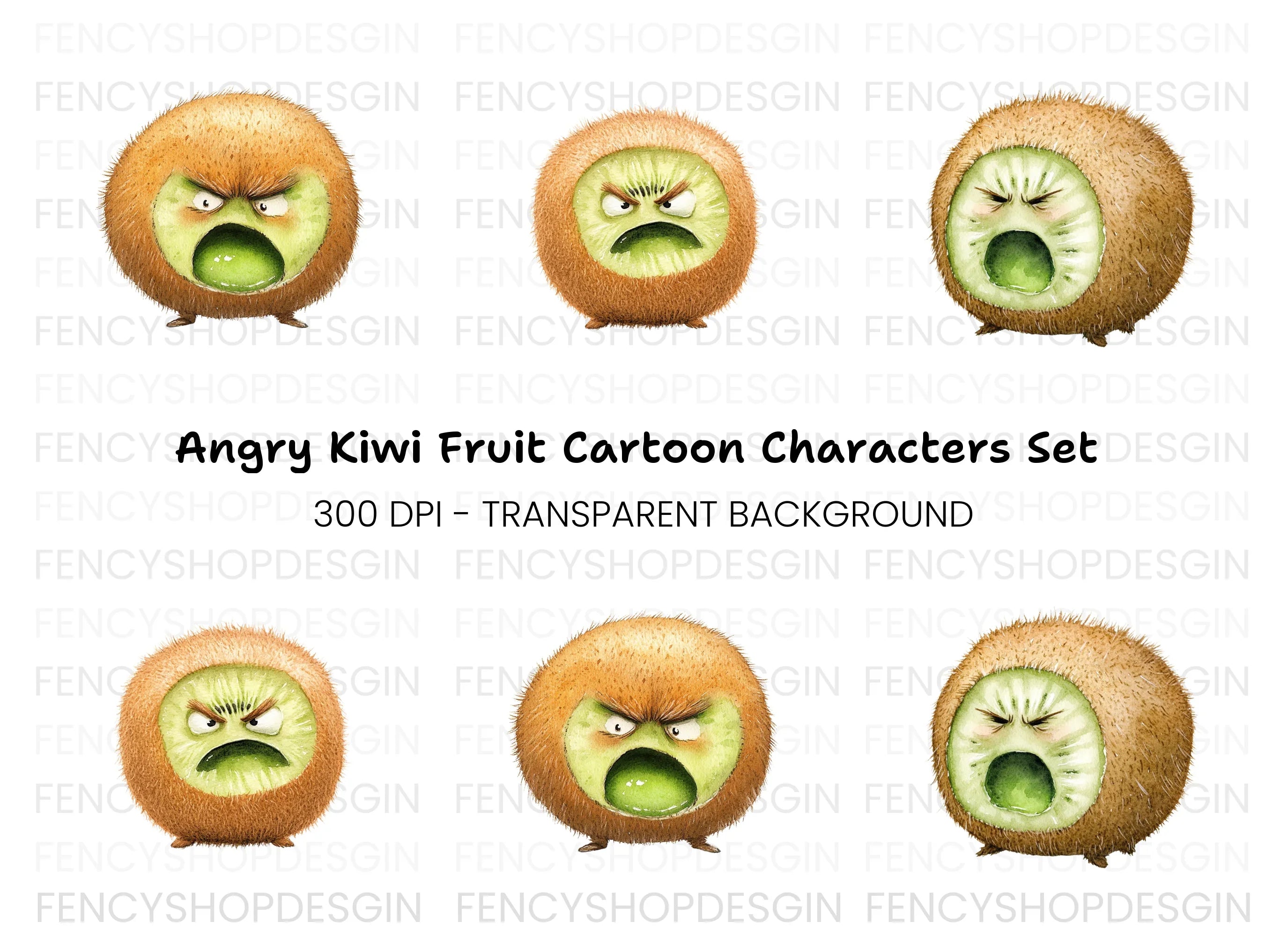 Angry Kiwi Fruit Cartoon Clipart Bundle